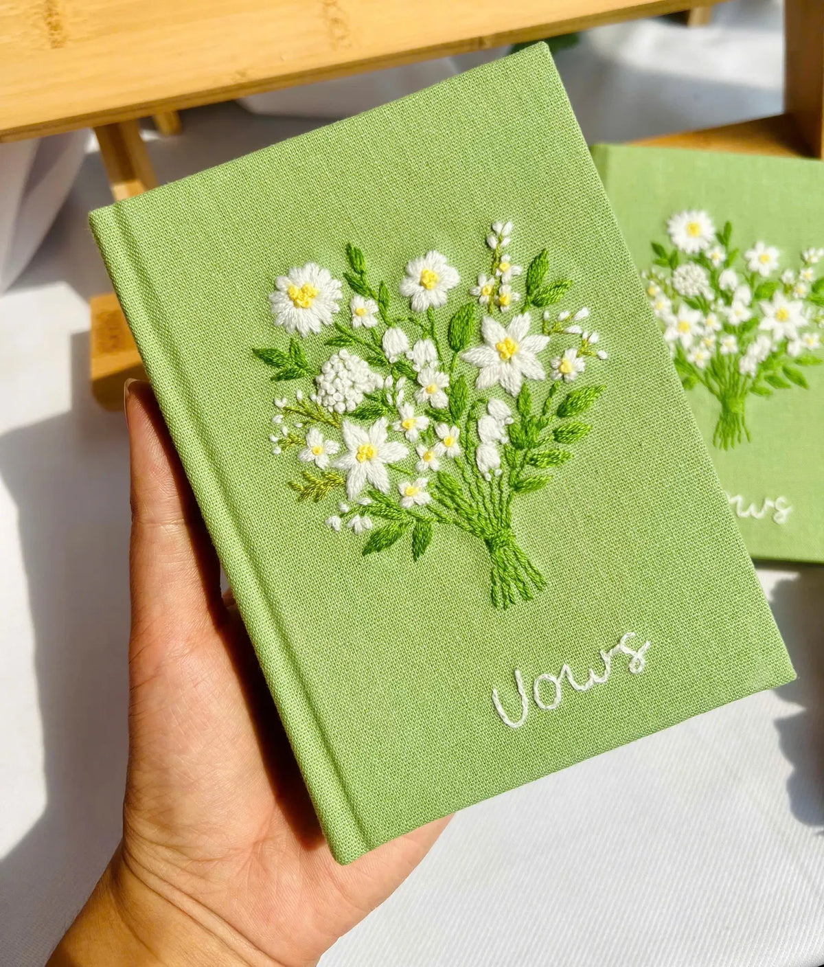 White Bouquet Vow Book by The Thread Nest, hand-embroidered linen cover, photo 3