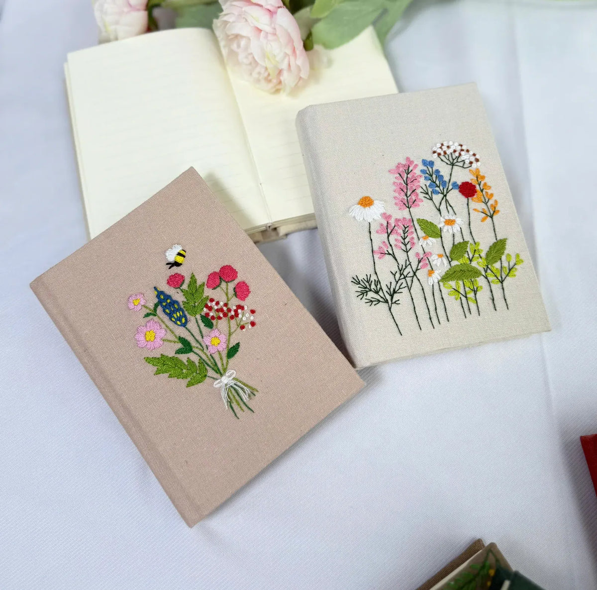 Bouquet & Bee Embroidered Journal, A5 or A6 by The Thread Nest, hand-embroidered linen cover, photo 2