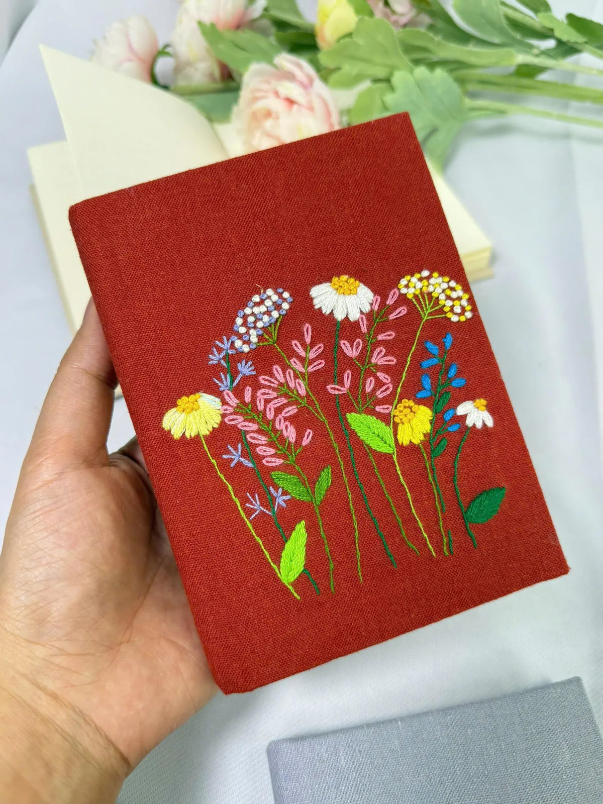 Bouquet & Bee Embroidered Journal, A5 or A6 by The Thread Nest, hand-embroidered linen cover, photo 6