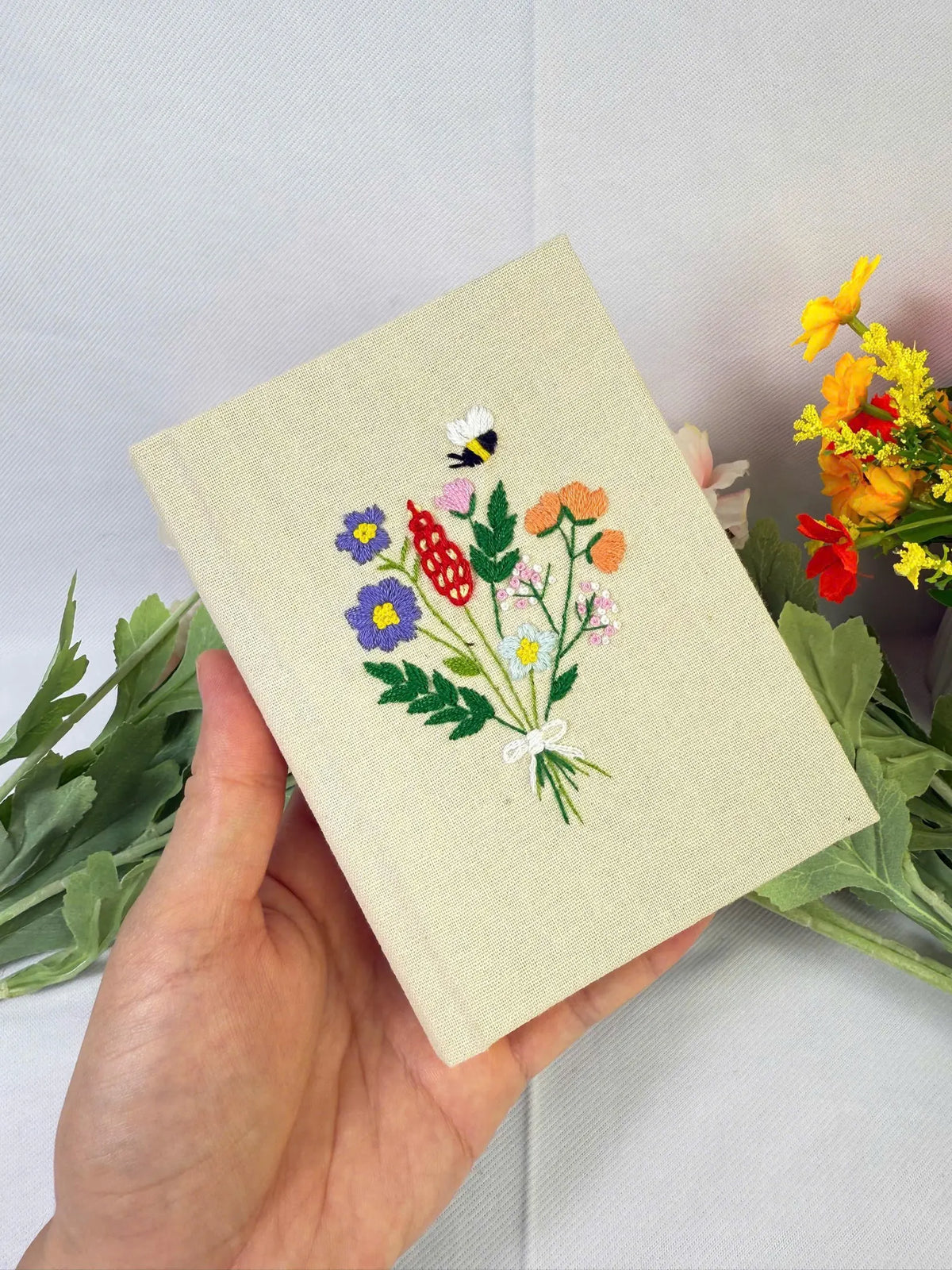 Bouquet & Bee Embroidered Journal, A5 or A6 by The Thread Nest, hand-embroidered linen cover, photo 4