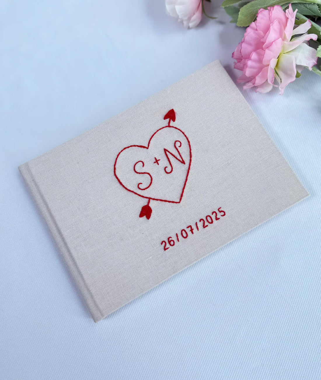 Wedding Guest Book, Line-Art Designs by The Thread Nest, hand-embroidered linen cover, photo 1