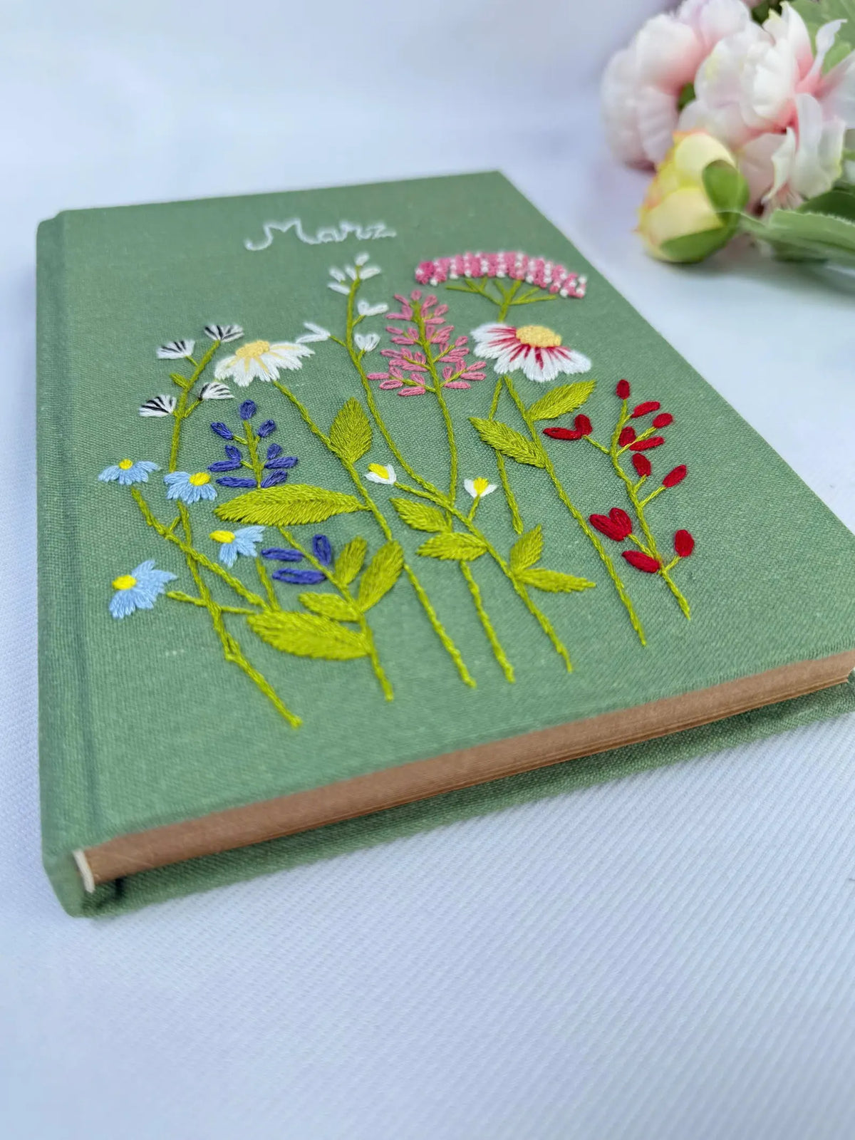 Wildflower Name Journal, Beige or Green Linen by The Thread Nest, hand-embroidered linen cover, photo 5