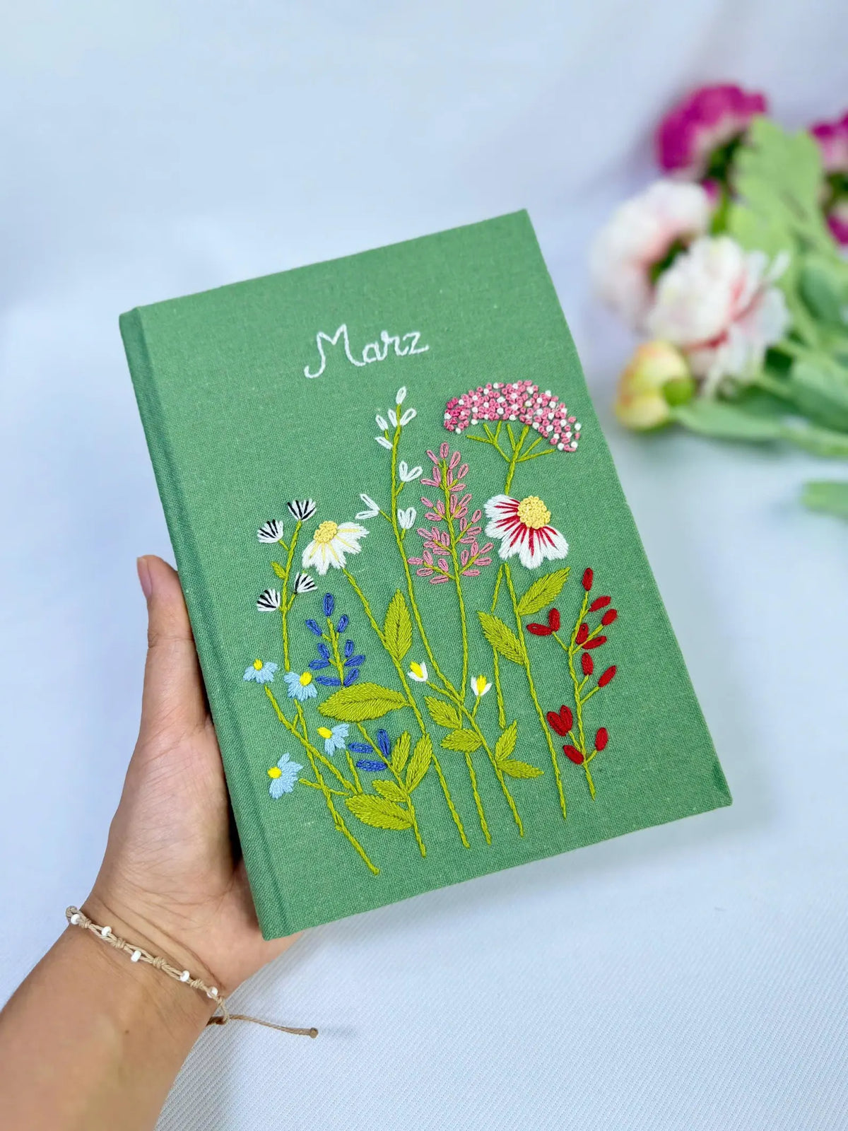 Wildflower Name Journal, Beige or Green Linen by The Thread Nest, hand-embroidered linen cover, photo 4