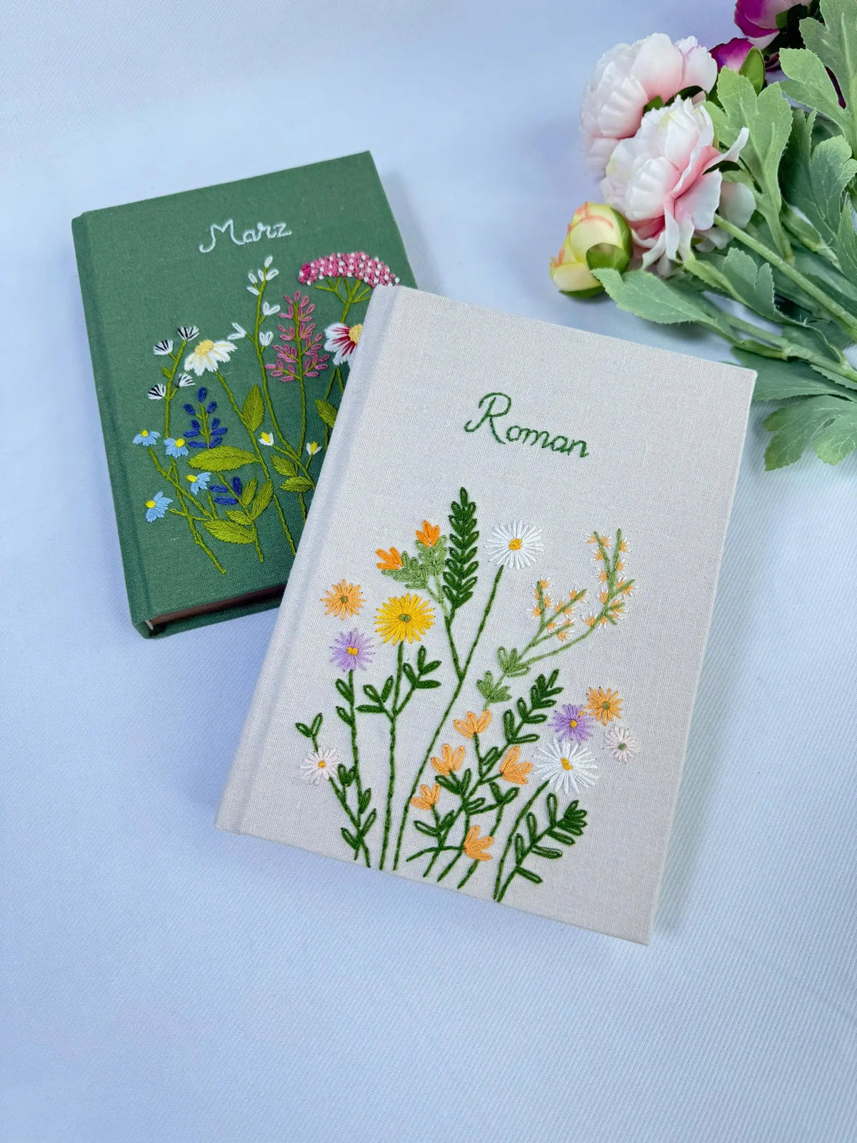Wildflower Name Journal, Beige or Green Linen by The Thread Nest, hand-embroidered linen cover, photo 6
