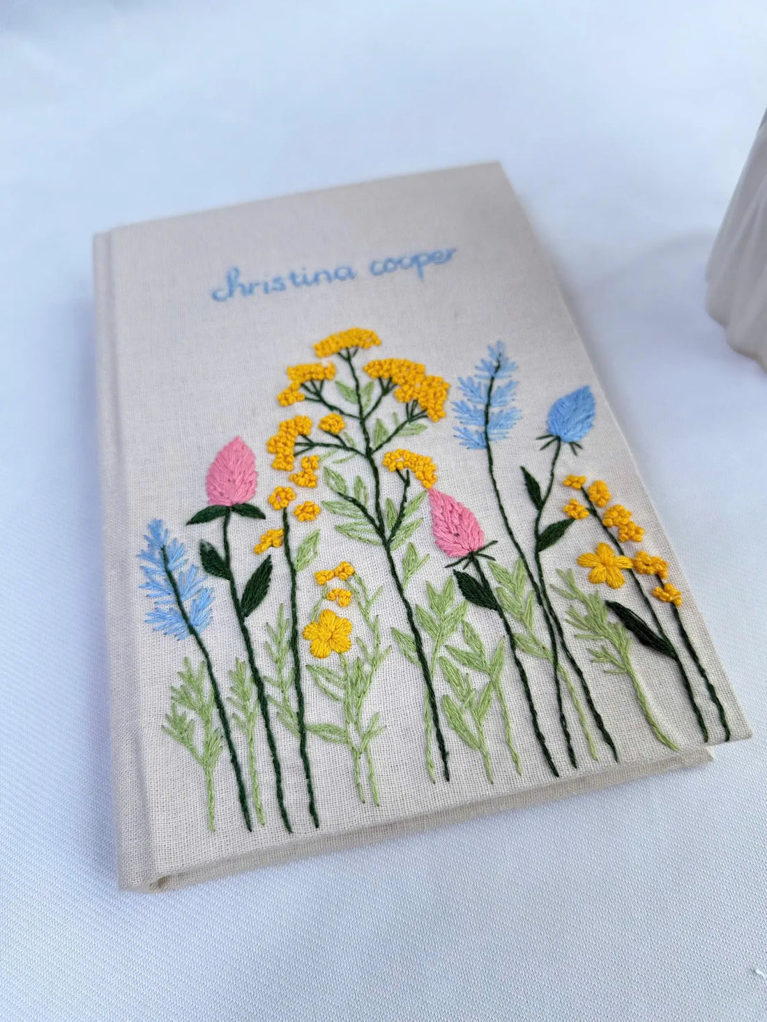 Wildflower Name Journal, Beige or Green Linen by The Thread Nest, hand-embroidered linen cover, photo 1