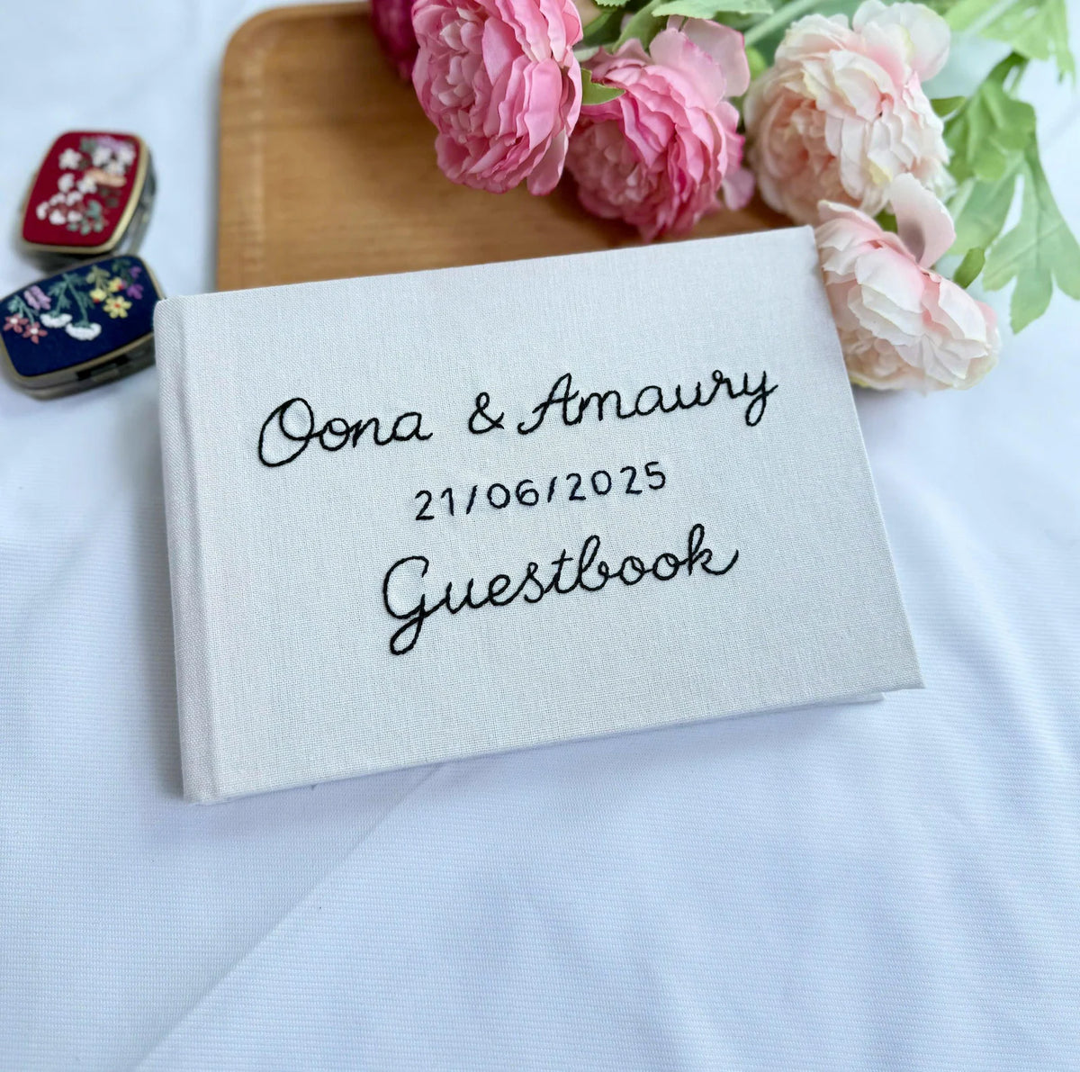 Wedding Guest Book, Line-Art Designs by The Thread Nest, hand-embroidered linen cover, photo 18