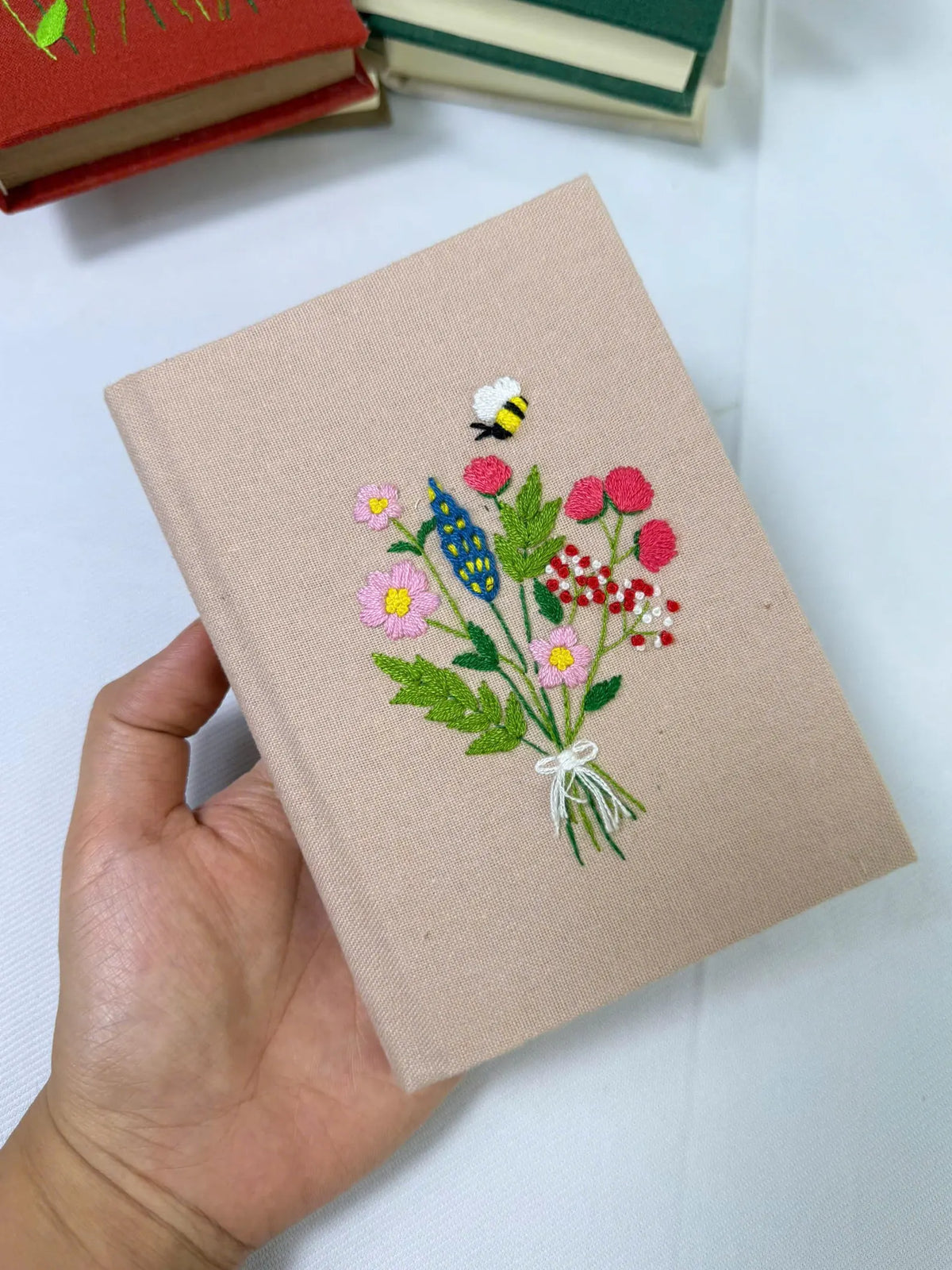 Bouquet & Bee Embroidered Journal, A5 or A6 by The Thread Nest, hand-embroidered linen cover, photo 5