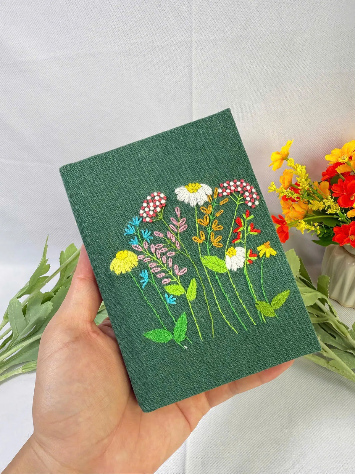 Bouquet & Bee Embroidered Journal, A5 or A6 by The Thread Nest, hand-embroidered linen cover, photo 7