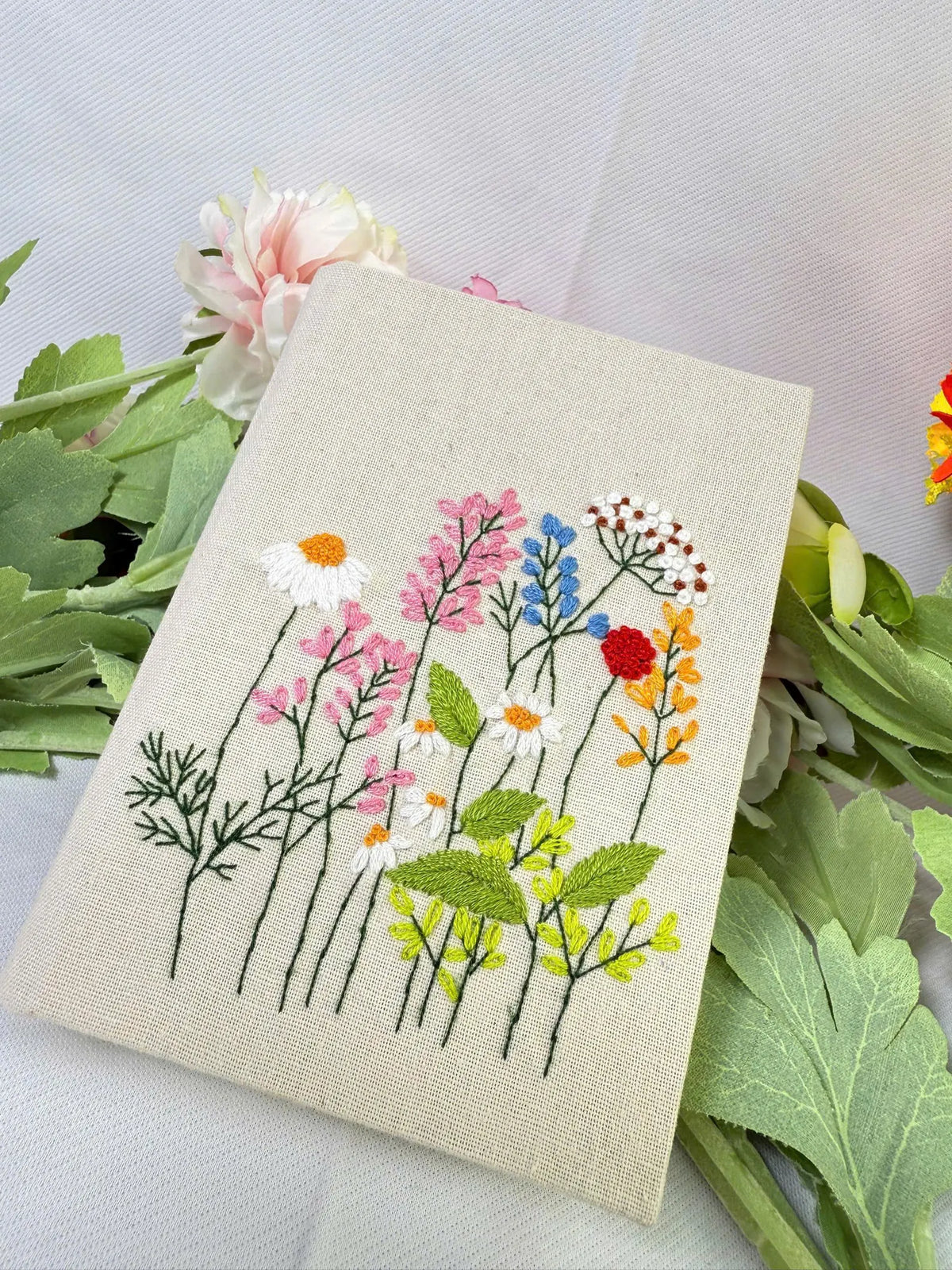 Bouquet & Bee Embroidered Journal, A5 or A6 by The Thread Nest, hand-embroidered linen cover, photo 3