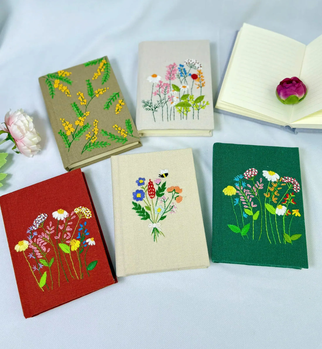 Bouquet & Bee Embroidered Journal, A5 or A6 by The Thread Nest, hand-embroidered linen cover, photo 1