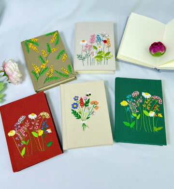 Bouquet & Bee Embroidered Journal, A5 or A6 by The Thread Nest, hand-embroidered linen cover, photo 1