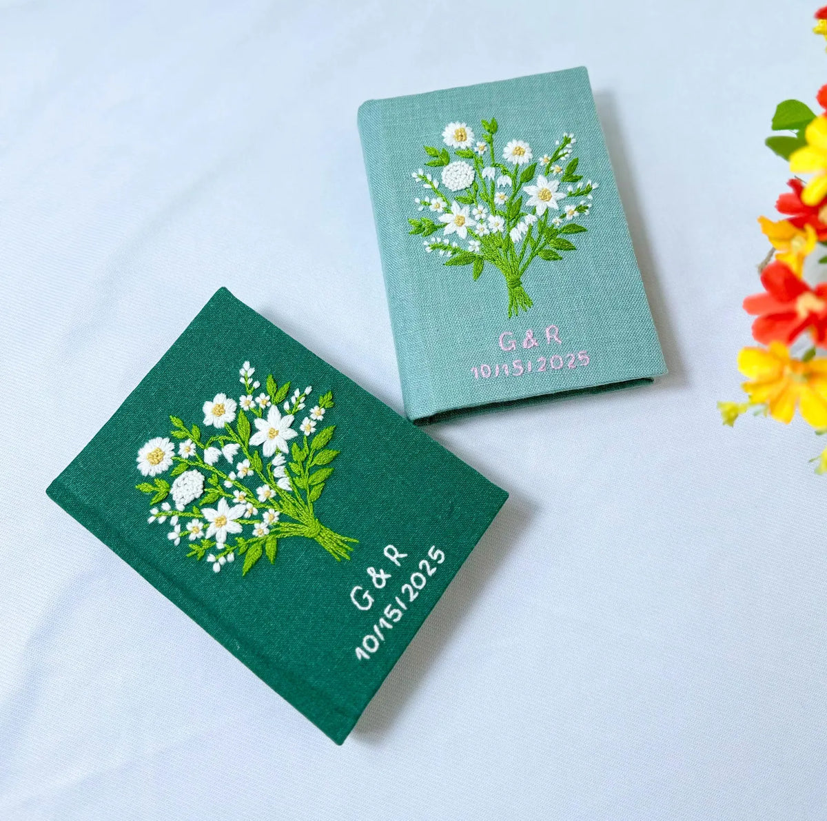 White Bouquet Vow Book by The Thread Nest, hand-embroidered linen cover, photo 1