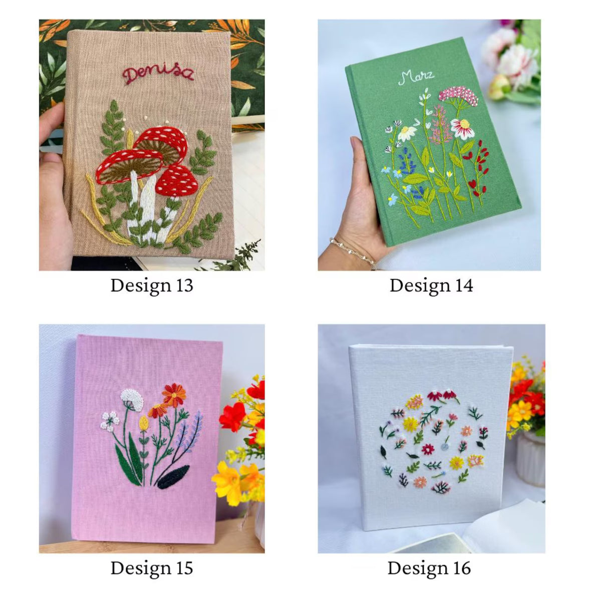A hand-embroidered linen photo album by The Thread Nest