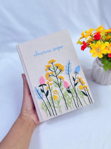 Wildflower Name Journal, Beige or Green Linen by The Thread Nest, hand-embroidered linen cover, photo 1