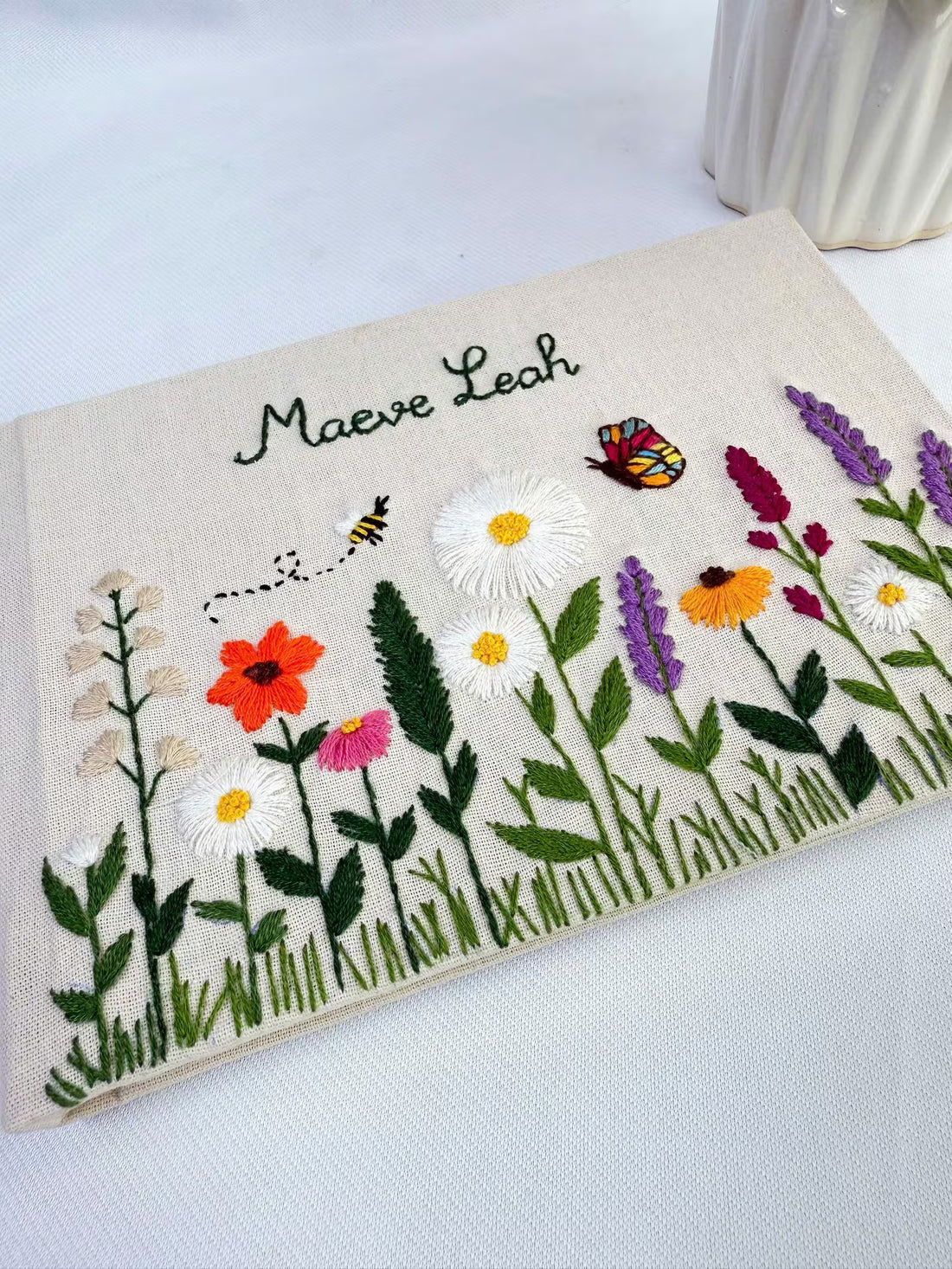 Wildflower, Bee & Butterfly Journal, Personalised by The Thread Nest, hand-embroidered linen cover, photo 1