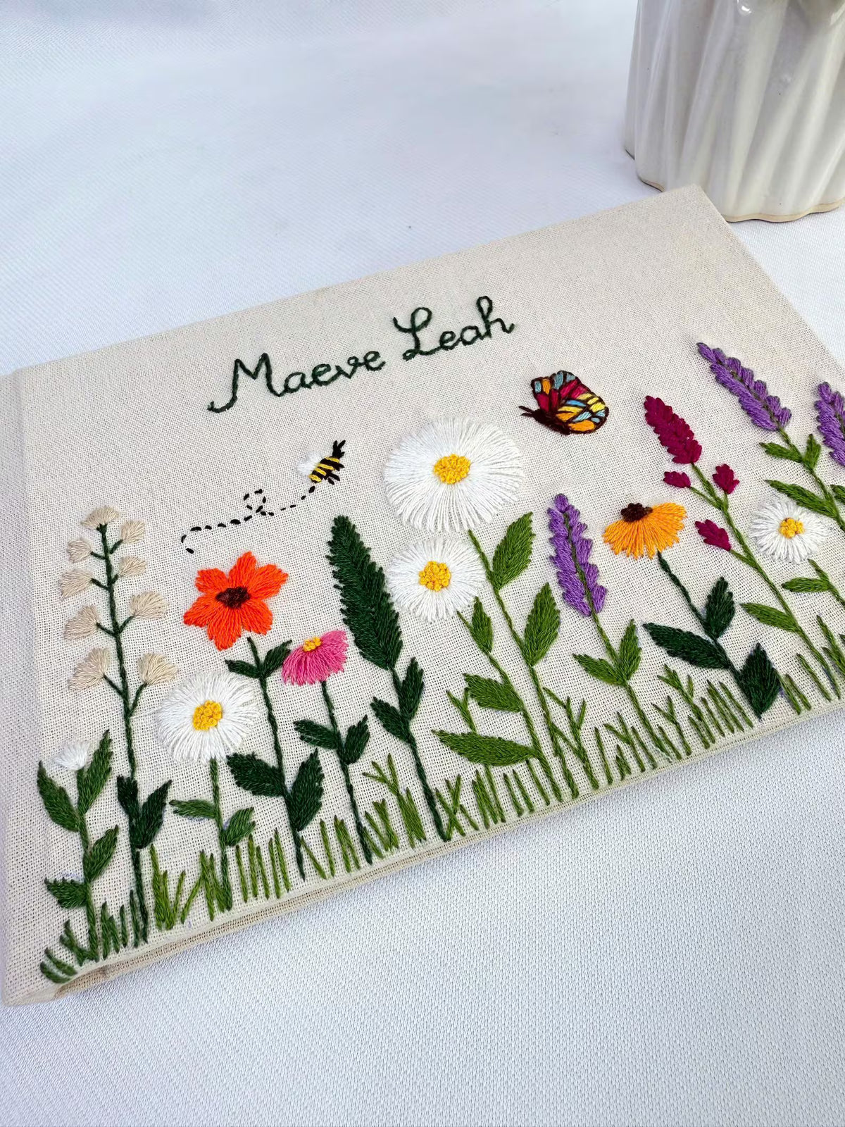 Wildflower, Bee & Butterfly Journal, Personalised by The Thread Nest, hand-embroidered linen cover, photo 2