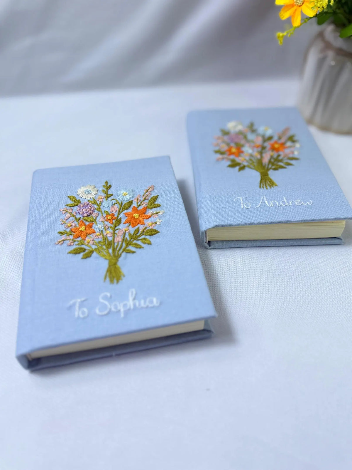White Bouquet Vow Book by The Thread Nest, hand-embroidered linen cover, photo 5