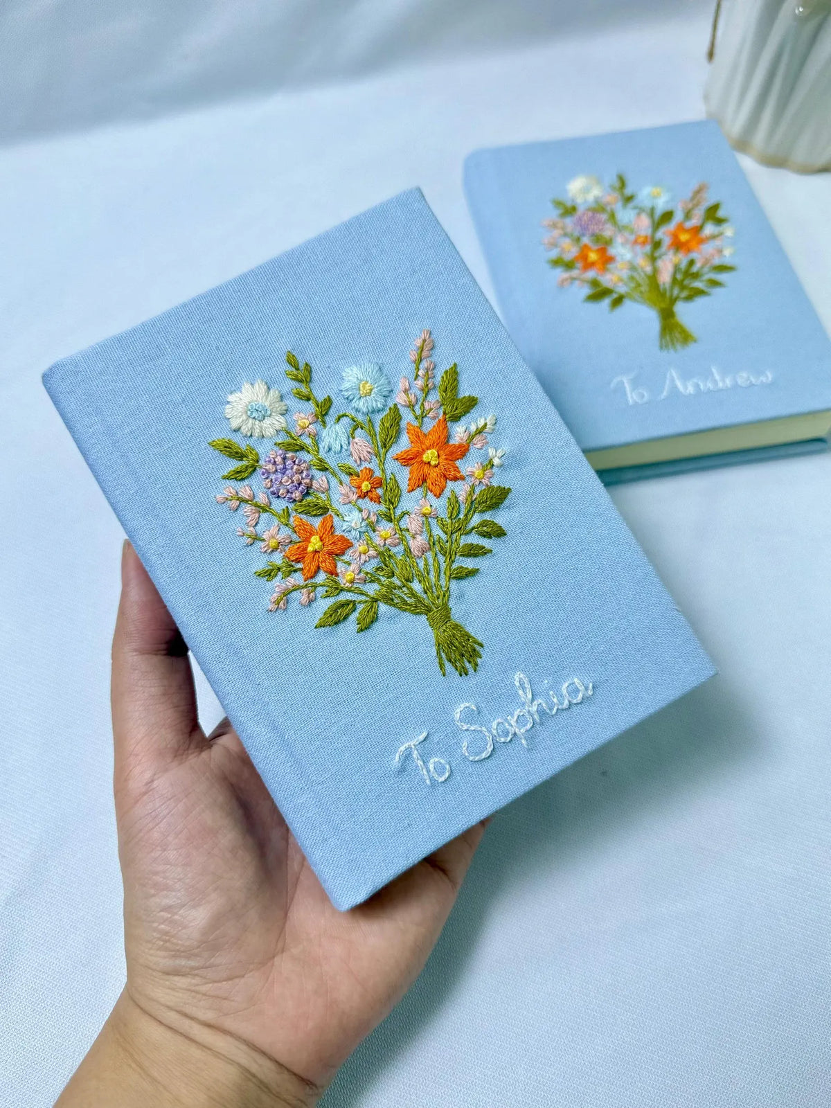 White Bouquet Vow Book by The Thread Nest, hand-embroidered linen cover, photo 6