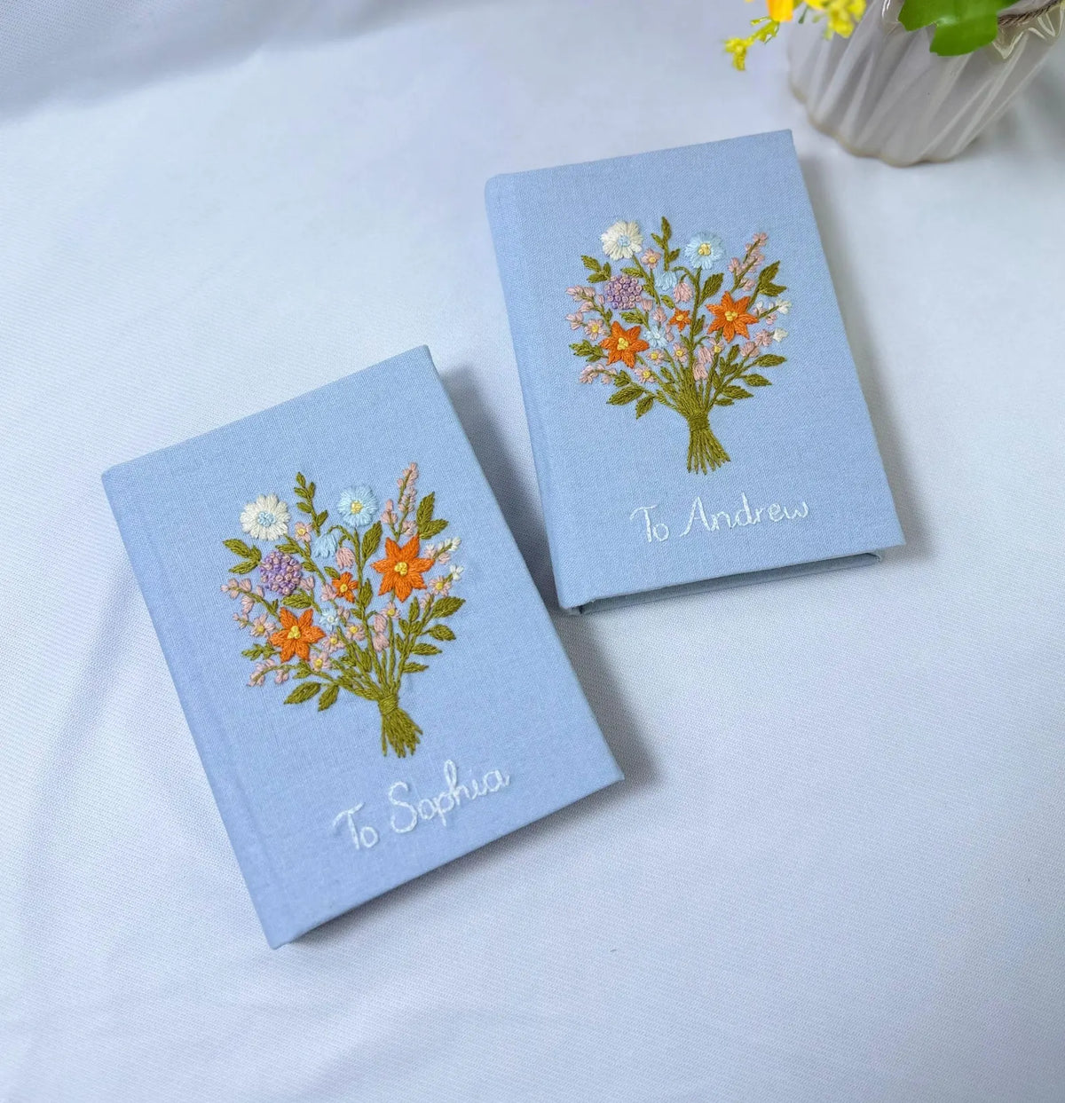 White Bouquet Vow Book by The Thread Nest, hand-embroidered linen cover, photo 4