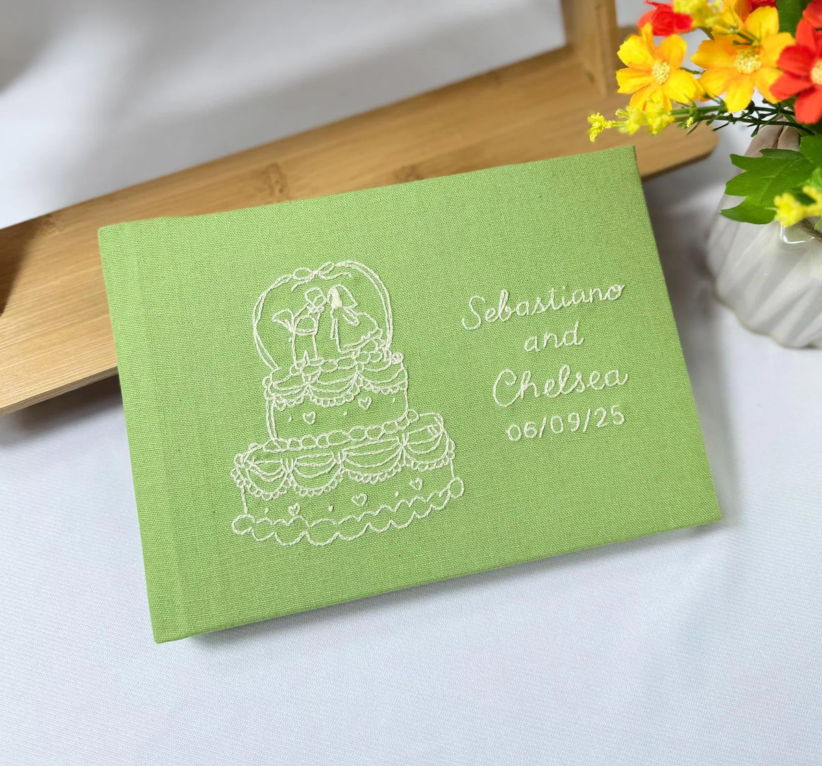 Wedding Guest Book, Line-Art Designs by The Thread Nest, hand-embroidered linen cover, photo 14