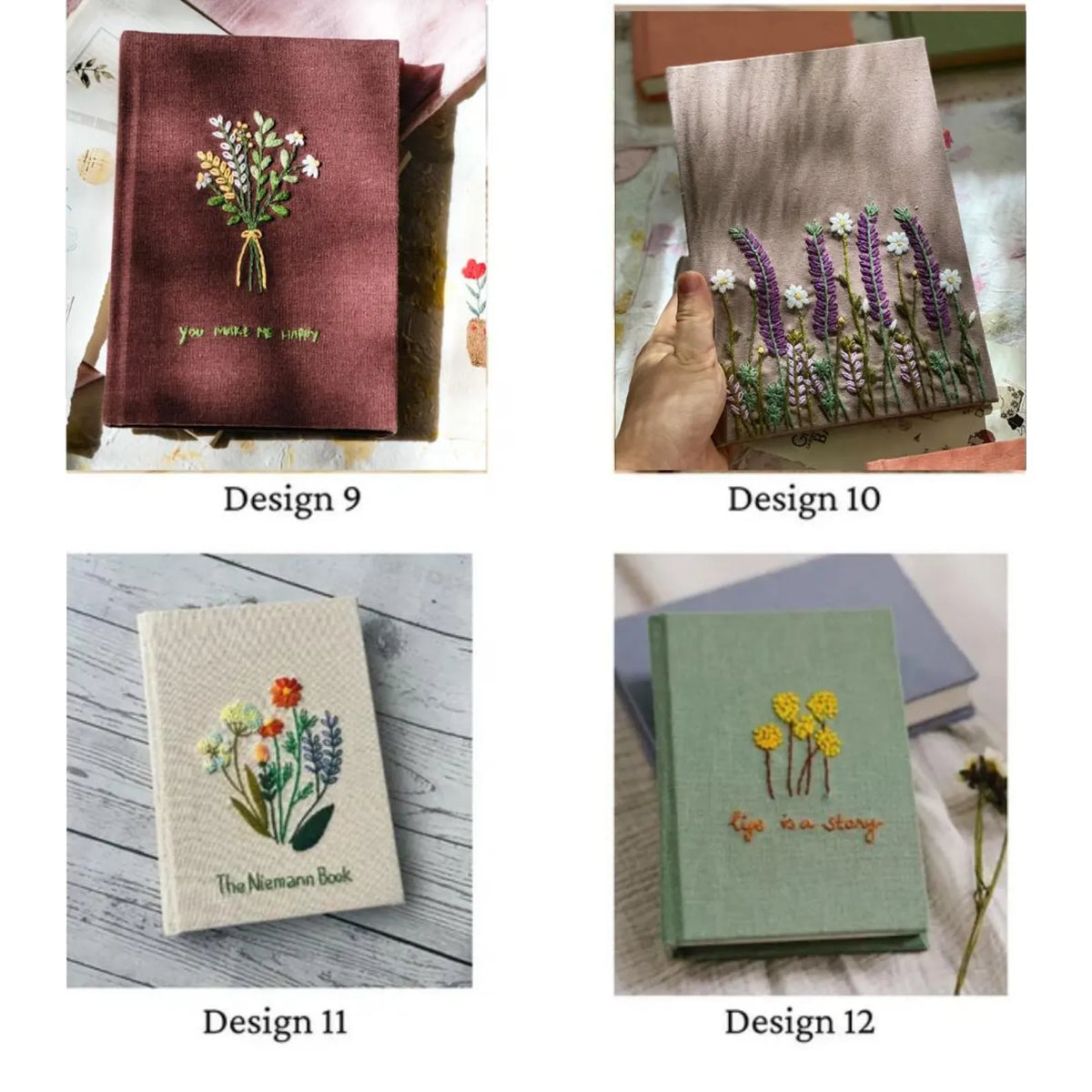 A collection of four embroidered journals — hand-embroidered by The Thread Nest