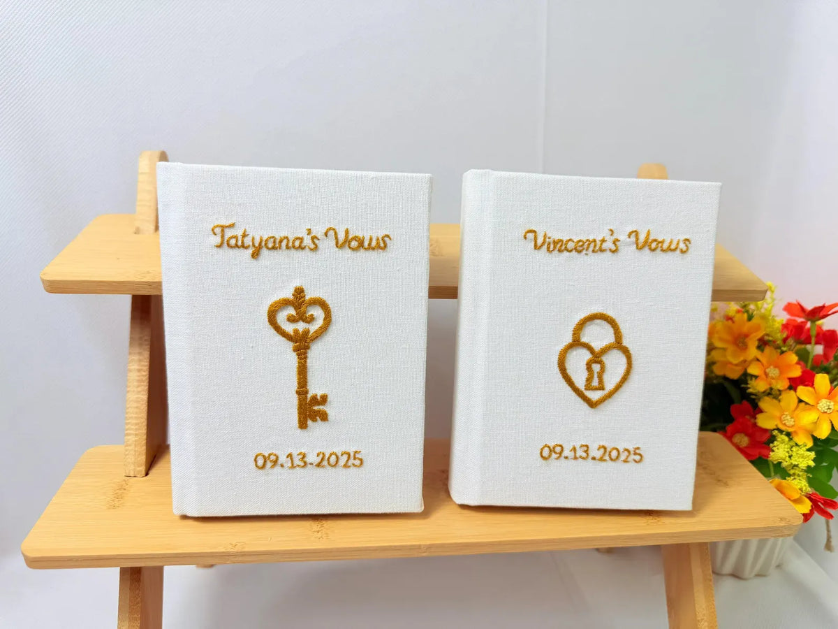 Lock & Key Vow Book by The Thread Nest, hand-embroidered linen cover, photo 2