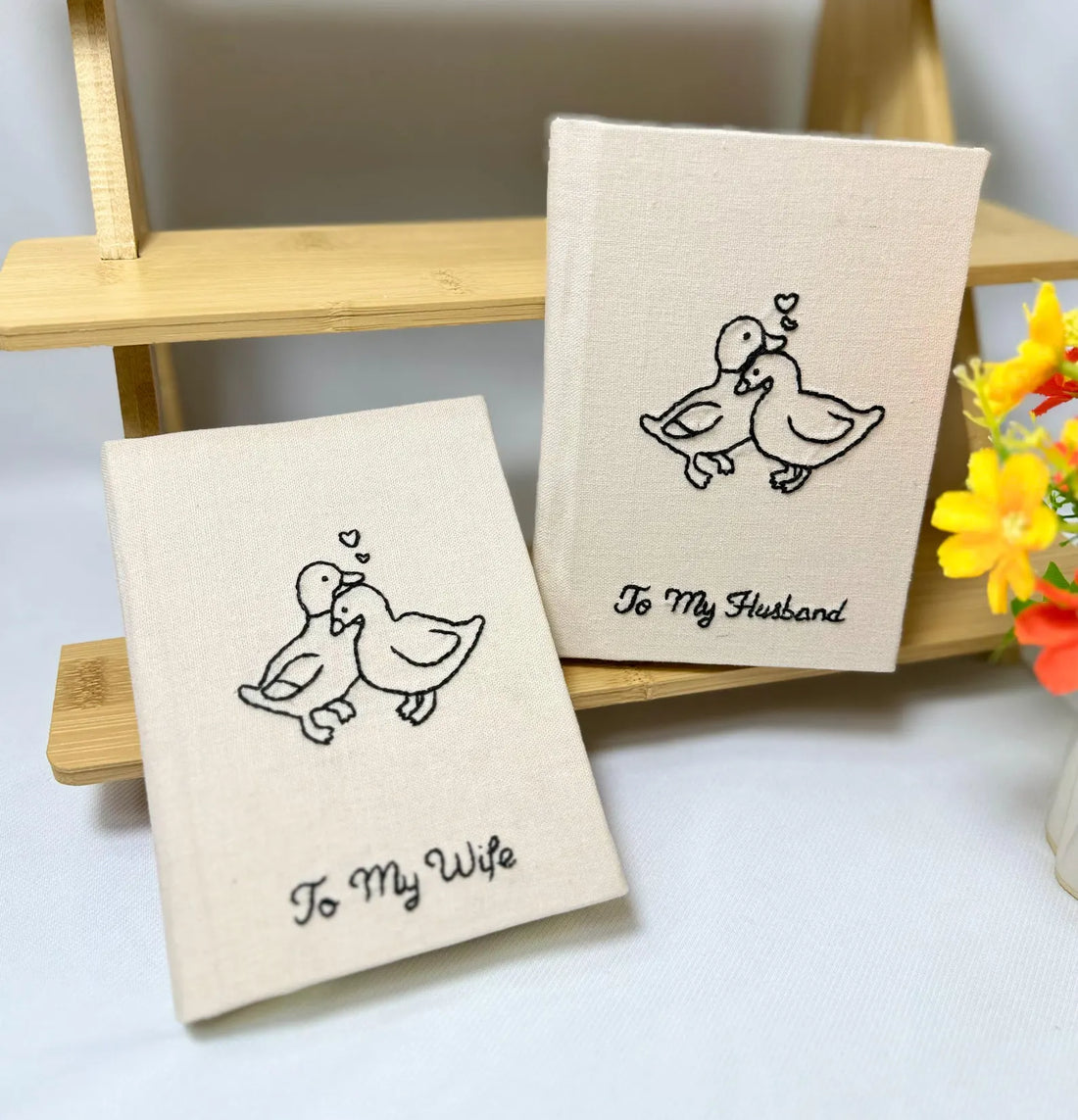 Two Little Ducks Vow Book by The Thread Nest, hand-embroidered linen cover, photo 1