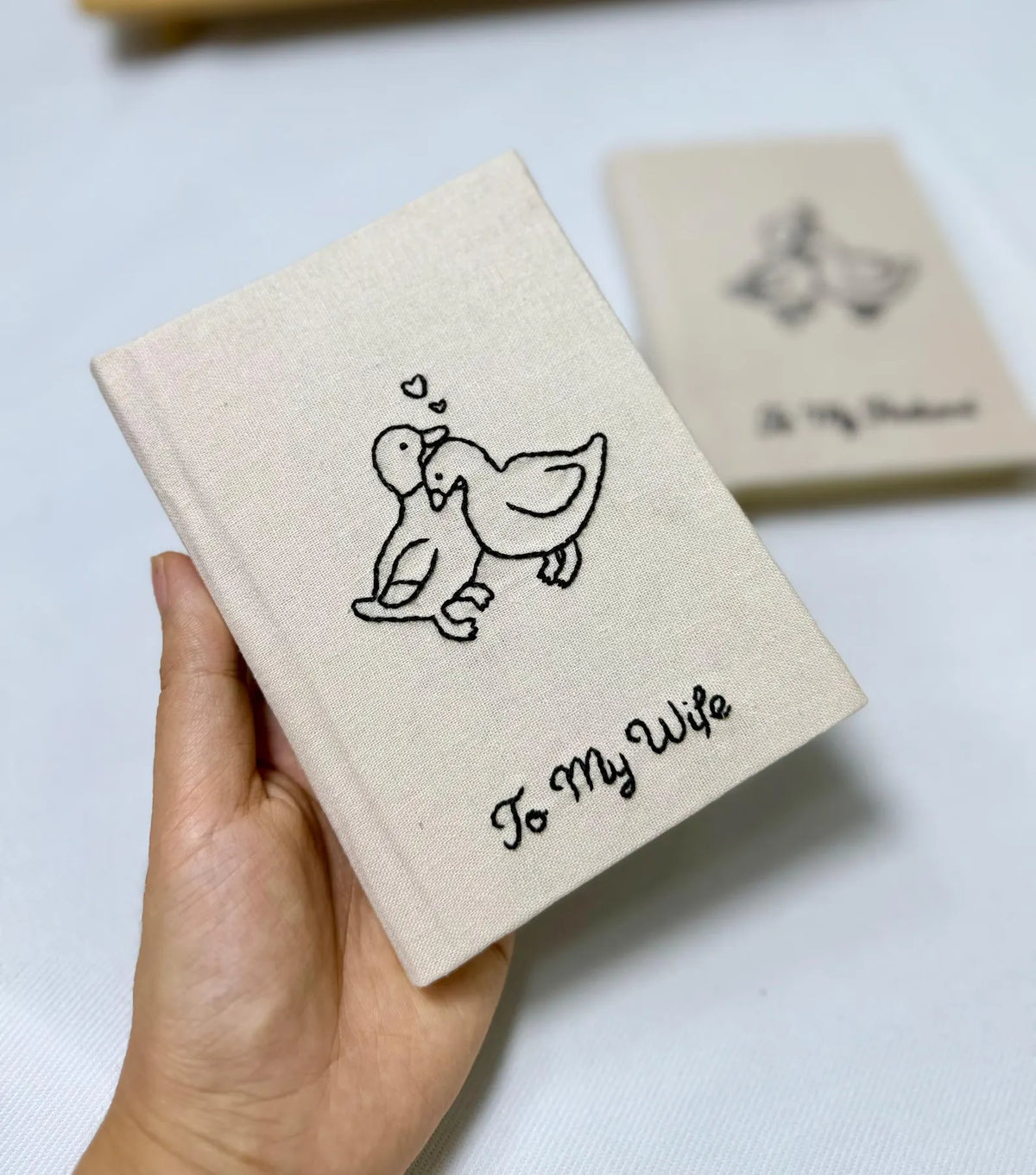 Two Little Ducks Vow Book by The Thread Nest, hand-embroidered linen cover, photo 3