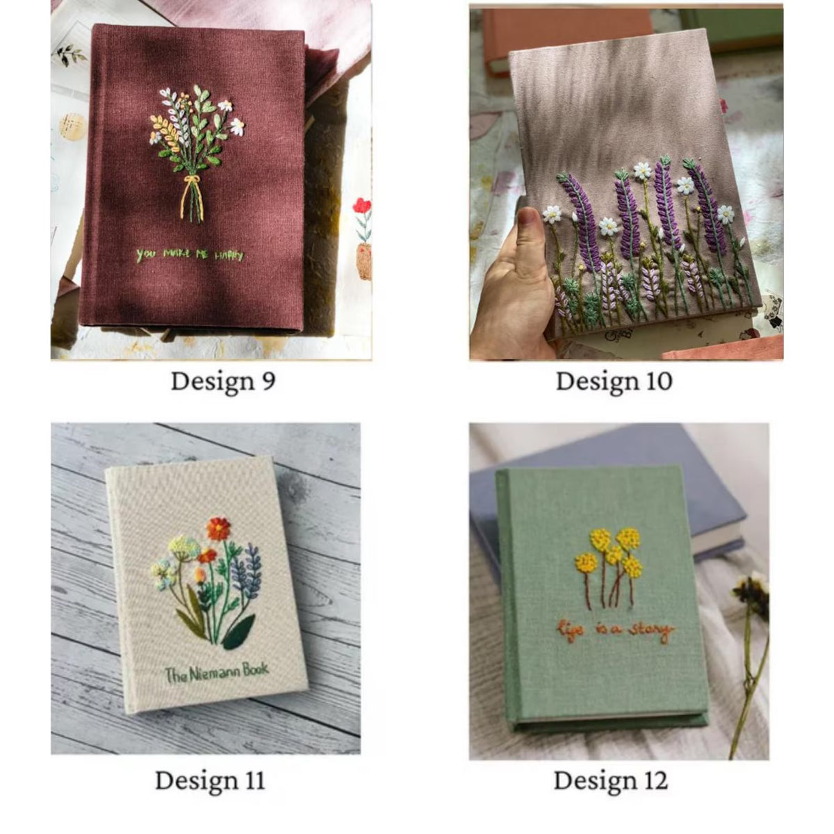 Four fabric-covered journals featuring embroidered floral designs — hand-embroidered by The Thread Nest
