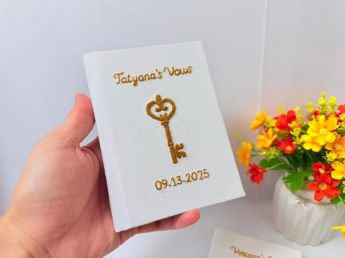 Lock & Key Vow Book by The Thread Nest, hand-embroidered linen cover, photo 4