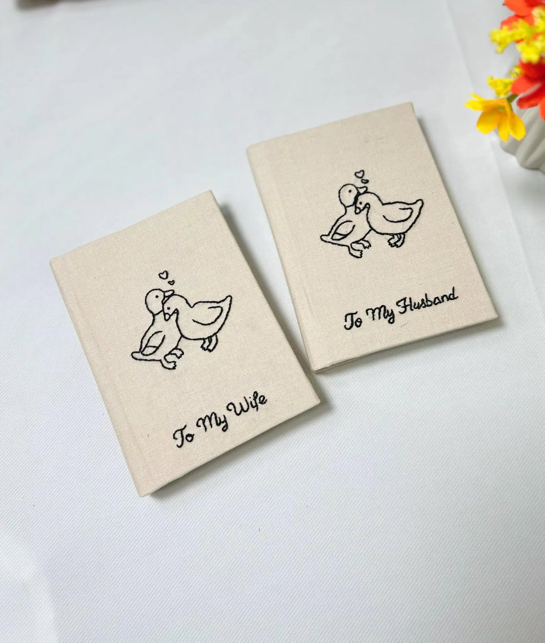 Two Little Ducks Vow Book by The Thread Nest, hand-embroidered linen cover, photo 1