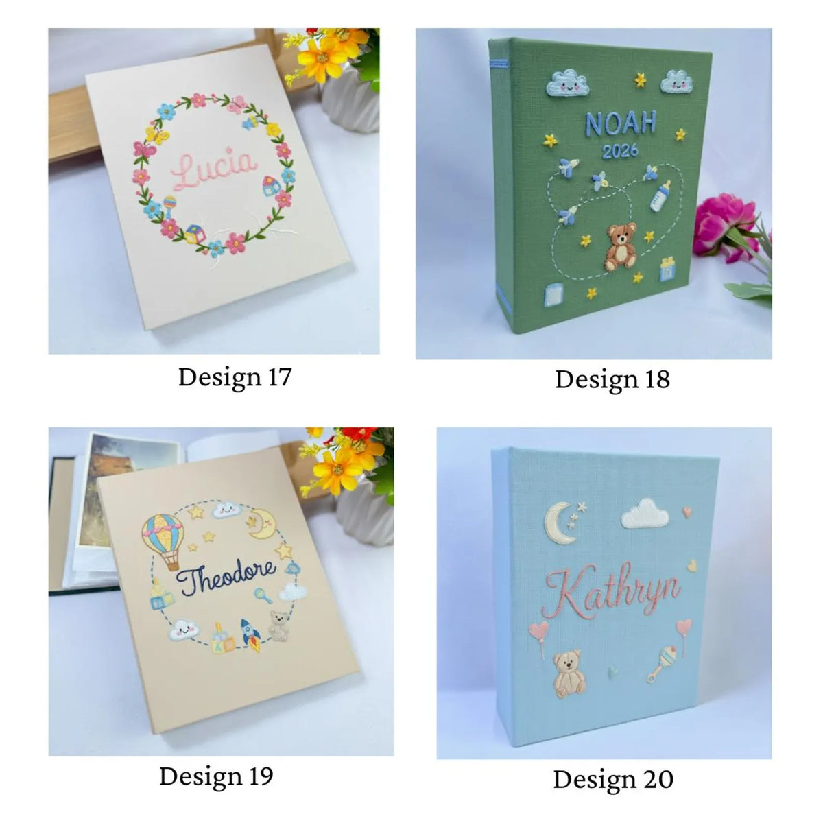 Four personalized baby memory books with wreaths and stitched names — hand-embroidered by The Thread Nest