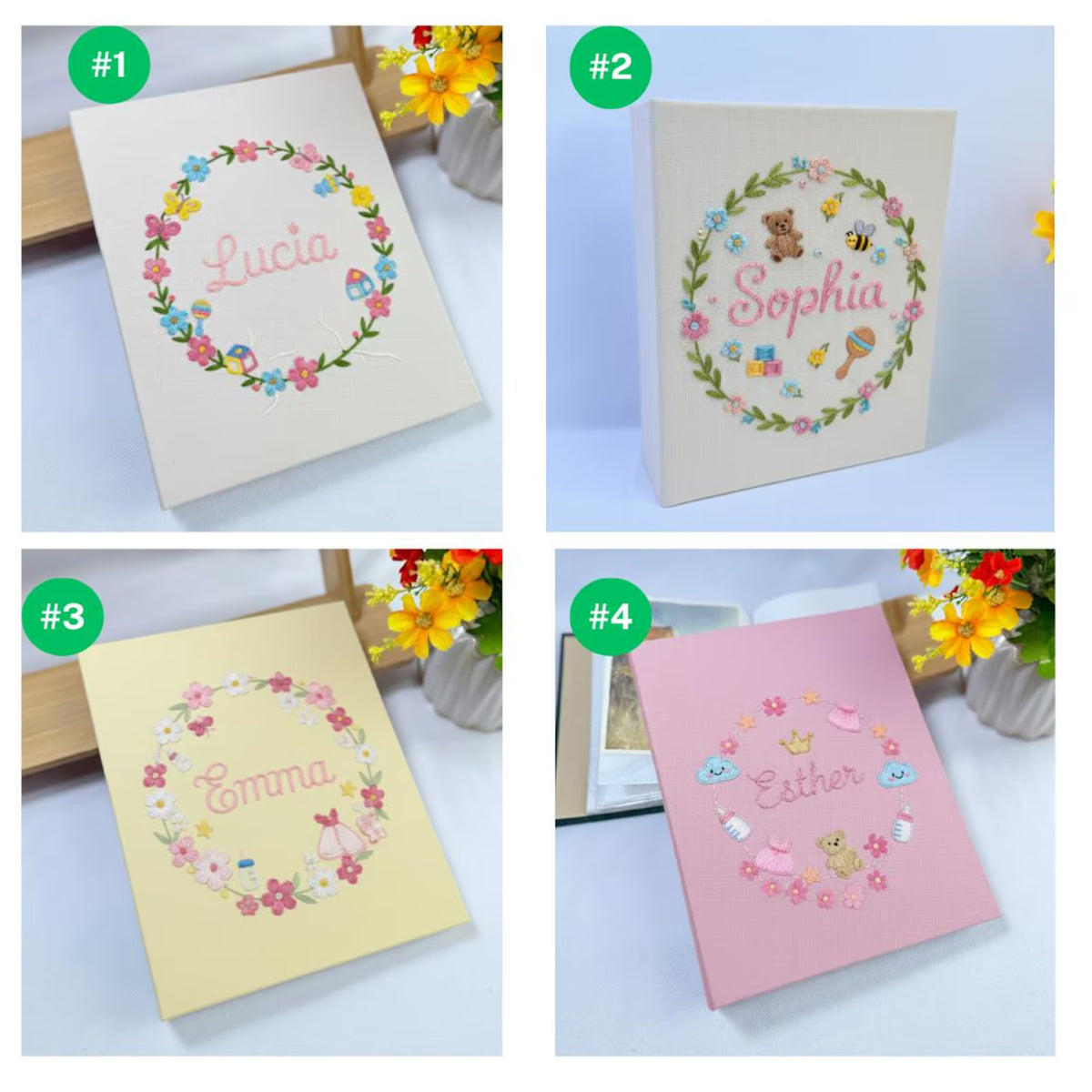 Four photo albums with embroidered floral wreaths and personalized names — hand-embroidered by The Thread Nest