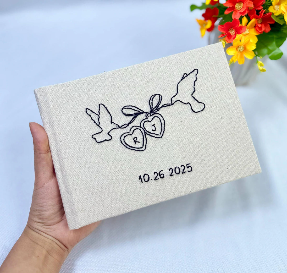 Wedding Guest Book, Line-Art Designs by The Thread Nest, hand-embroidered linen cover, photo 5