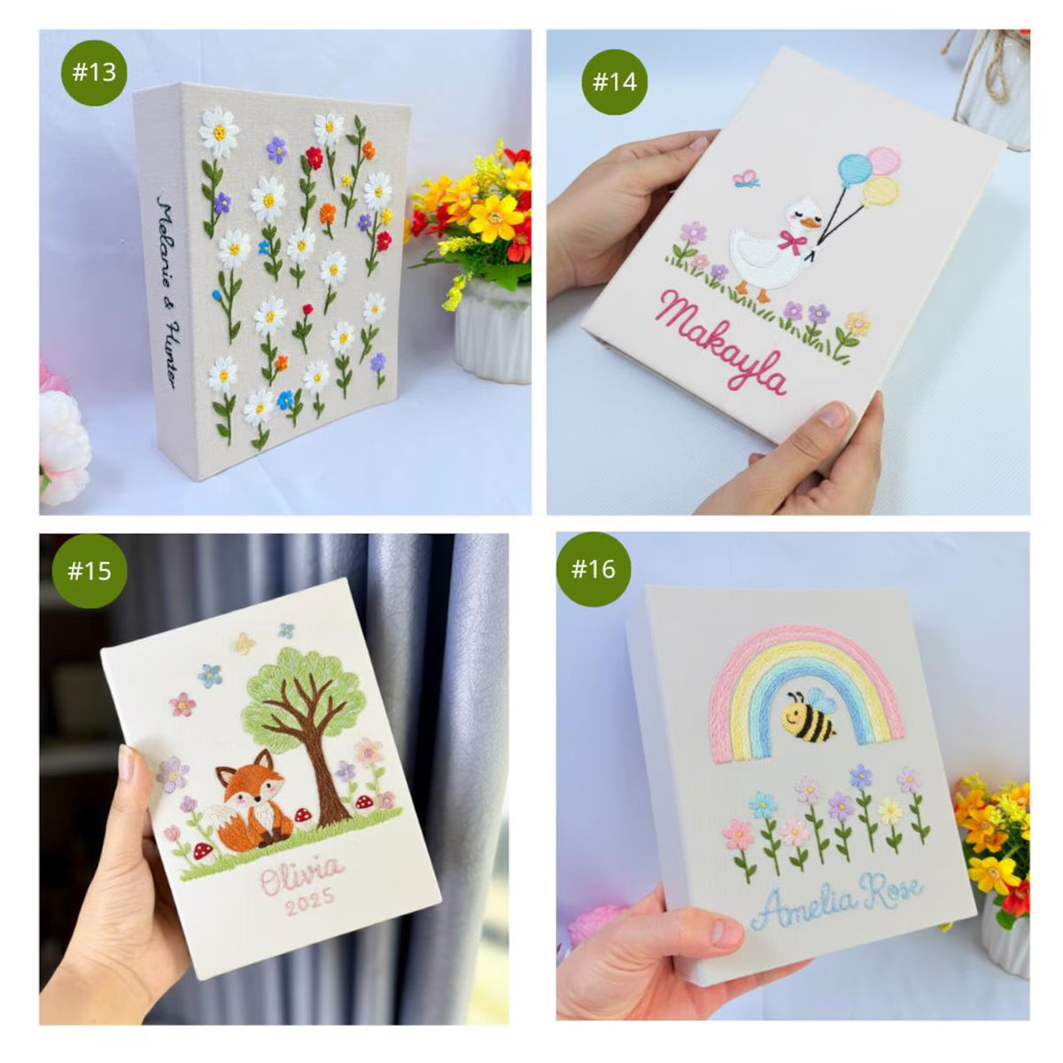 Four photo albums with embroidered daisies and stitched names — hand-embroidered by The Thread Nest