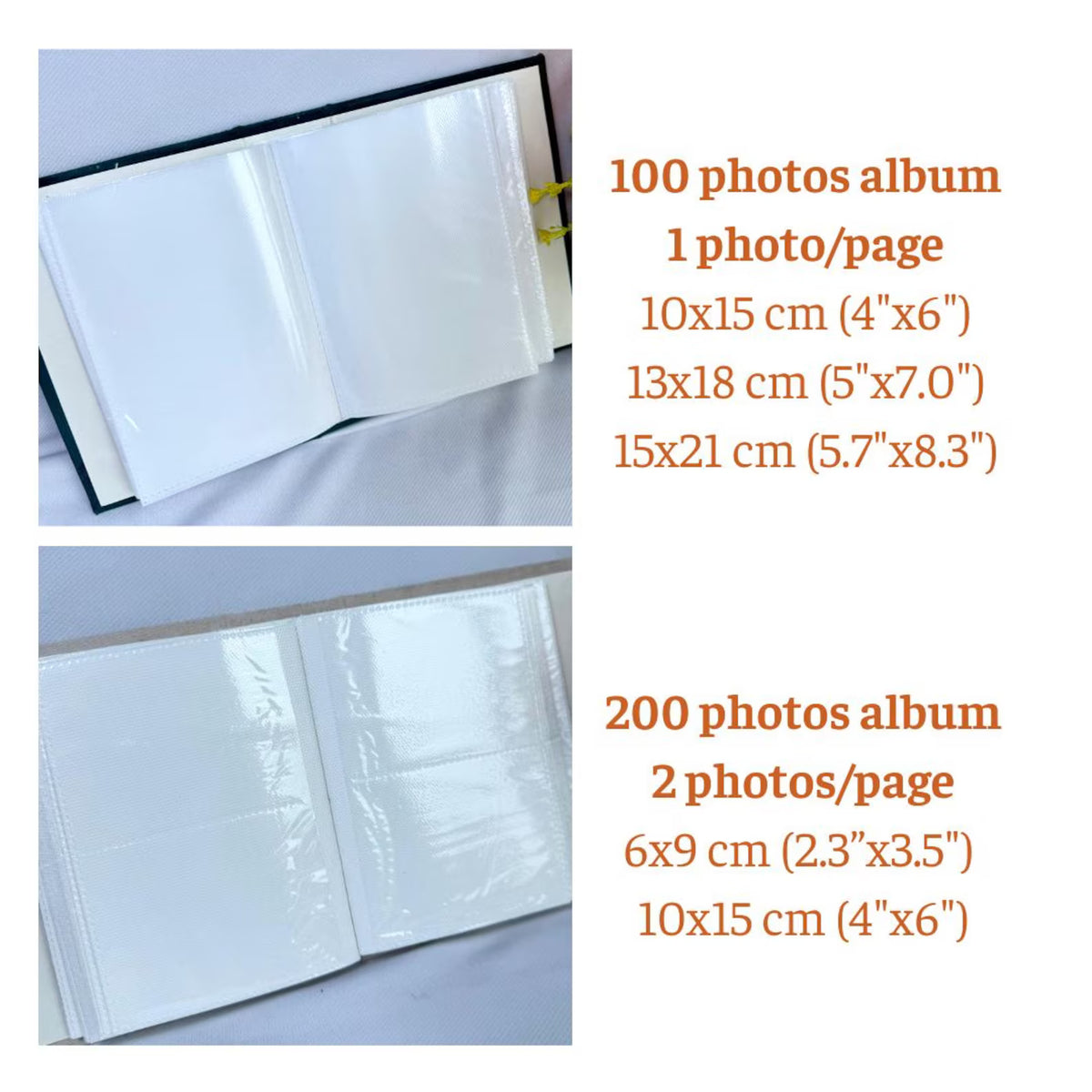 Two photo albums, one open to show the clear sleeves inside