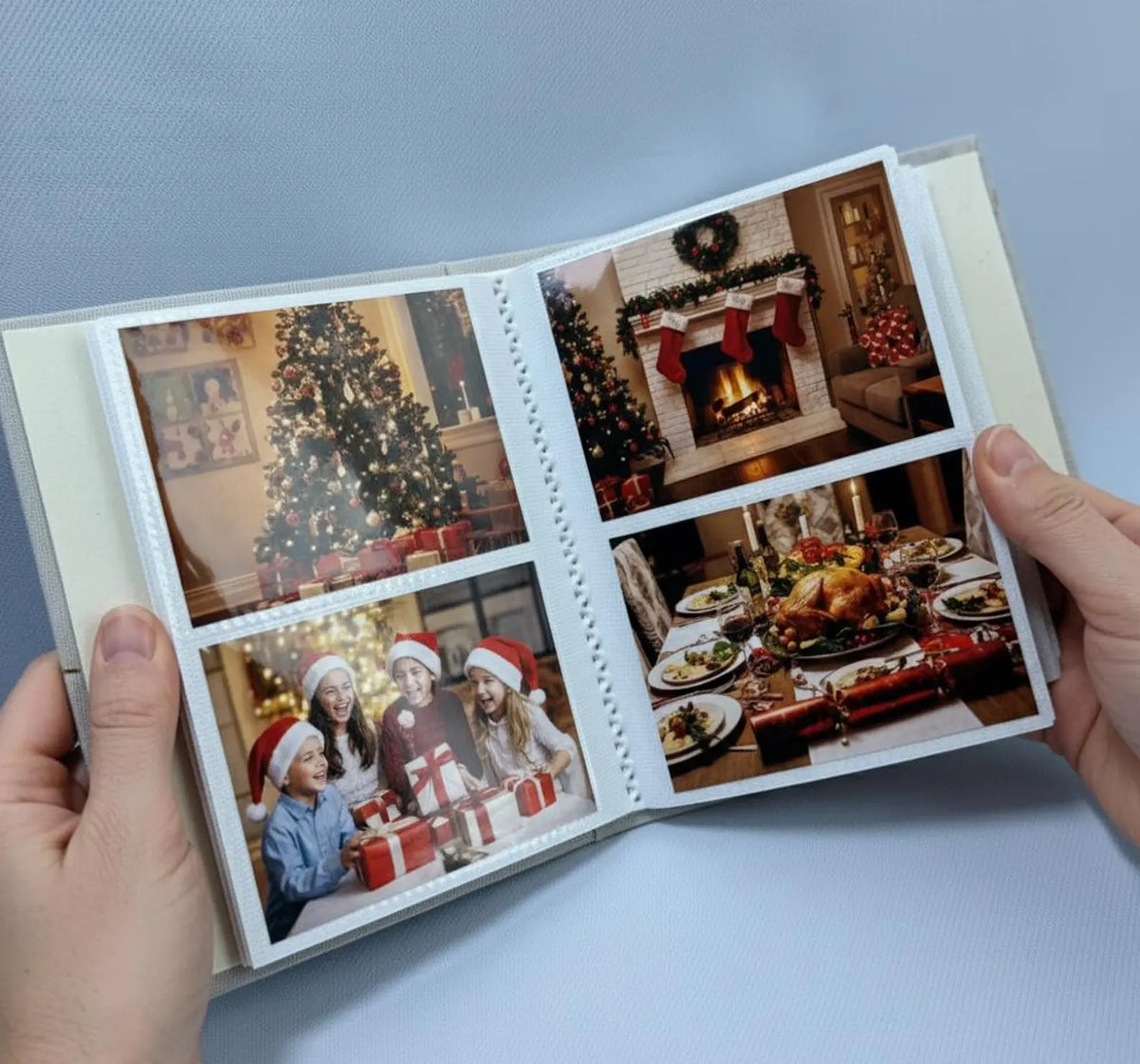 A photo album showing four photographs of a Christmas celebration — hand-embroidered by The Thread Nest