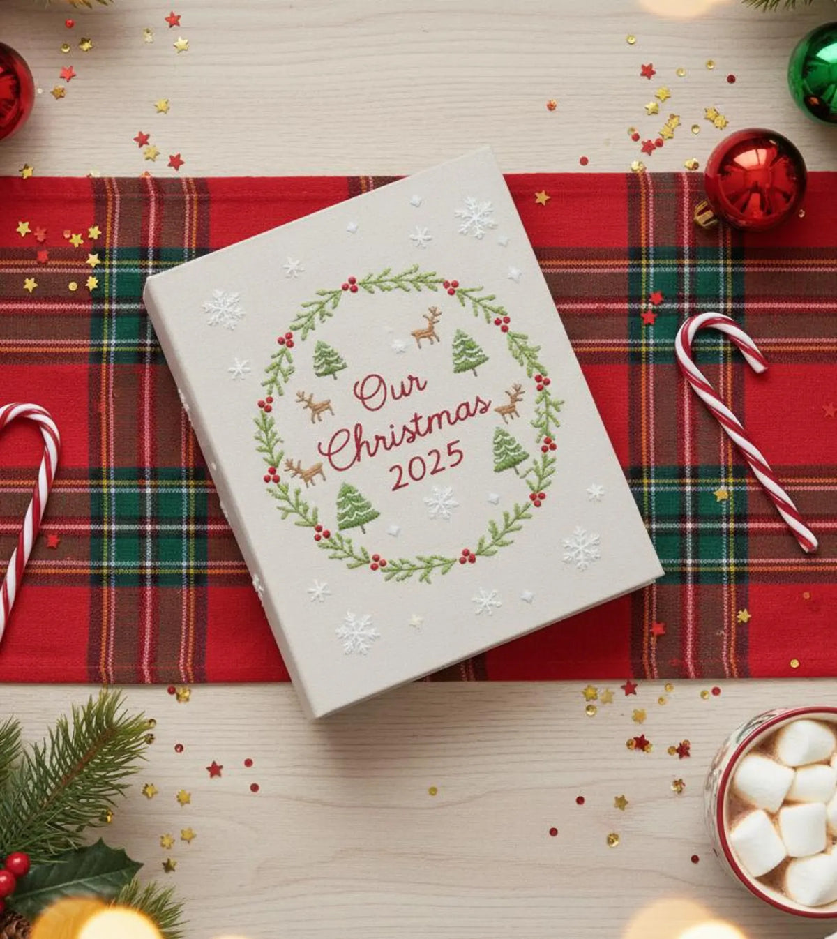 A cream-colored Christmas journal with a green wreath, snowflakes and deer — hand-embroidered by The Thread Nest
