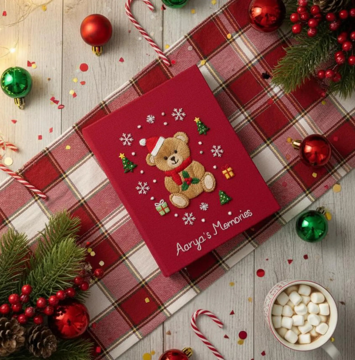 A red Christmas journal with an embroidered teddy bear in a Santa hat — hand-embroidered by The Thread Nest