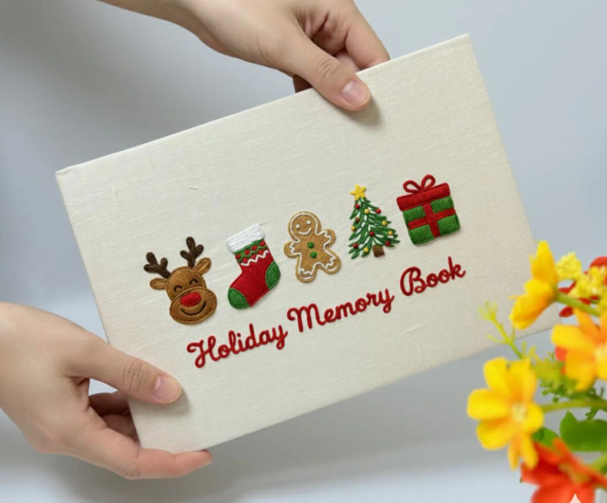 Christmas Memory Book, Personalised by The Thread Nest, hand-embroidered linen cover, photo 3