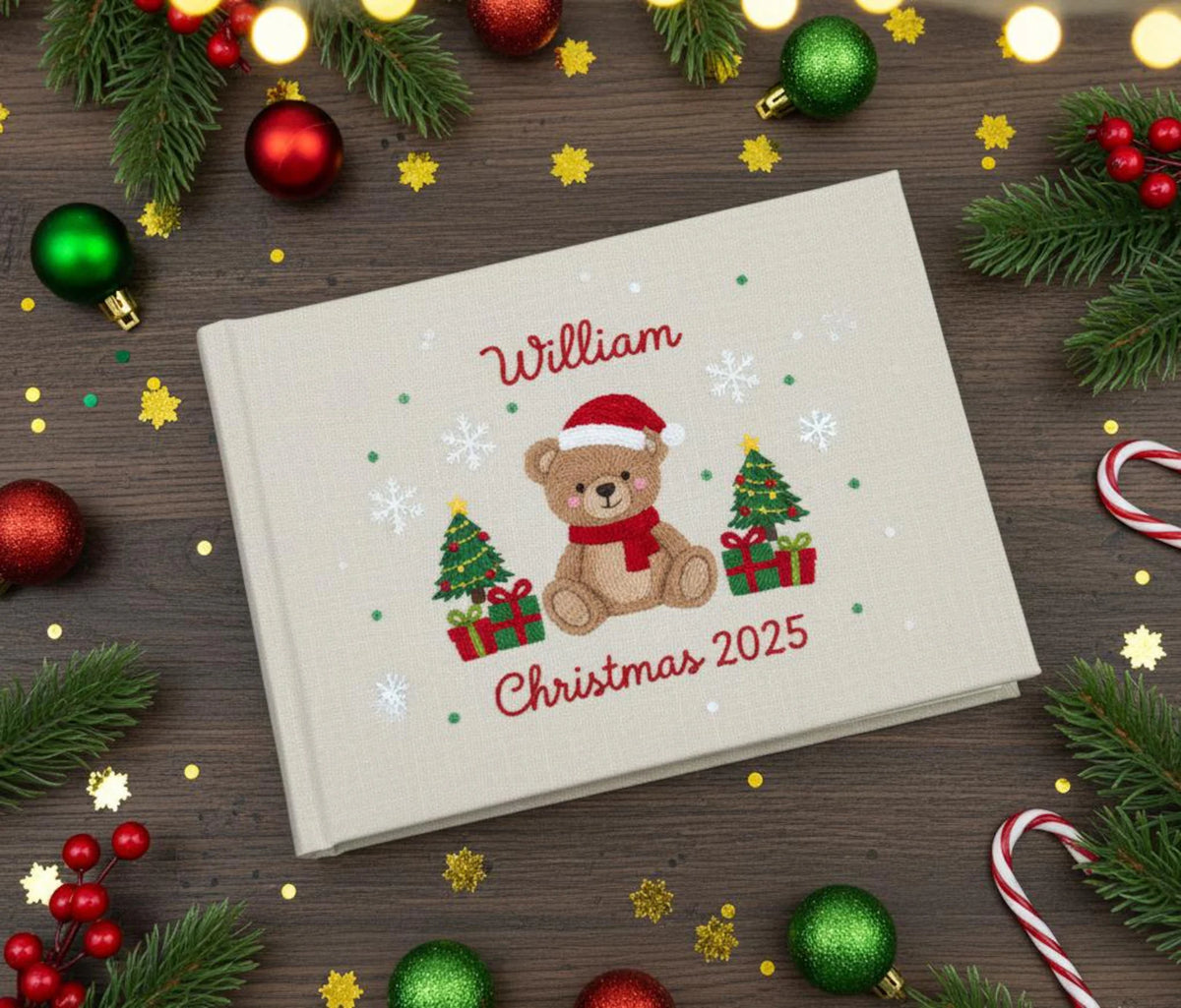 Christmas Memory Book, Personalised by The Thread Nest, hand-embroidered linen cover, photo 5