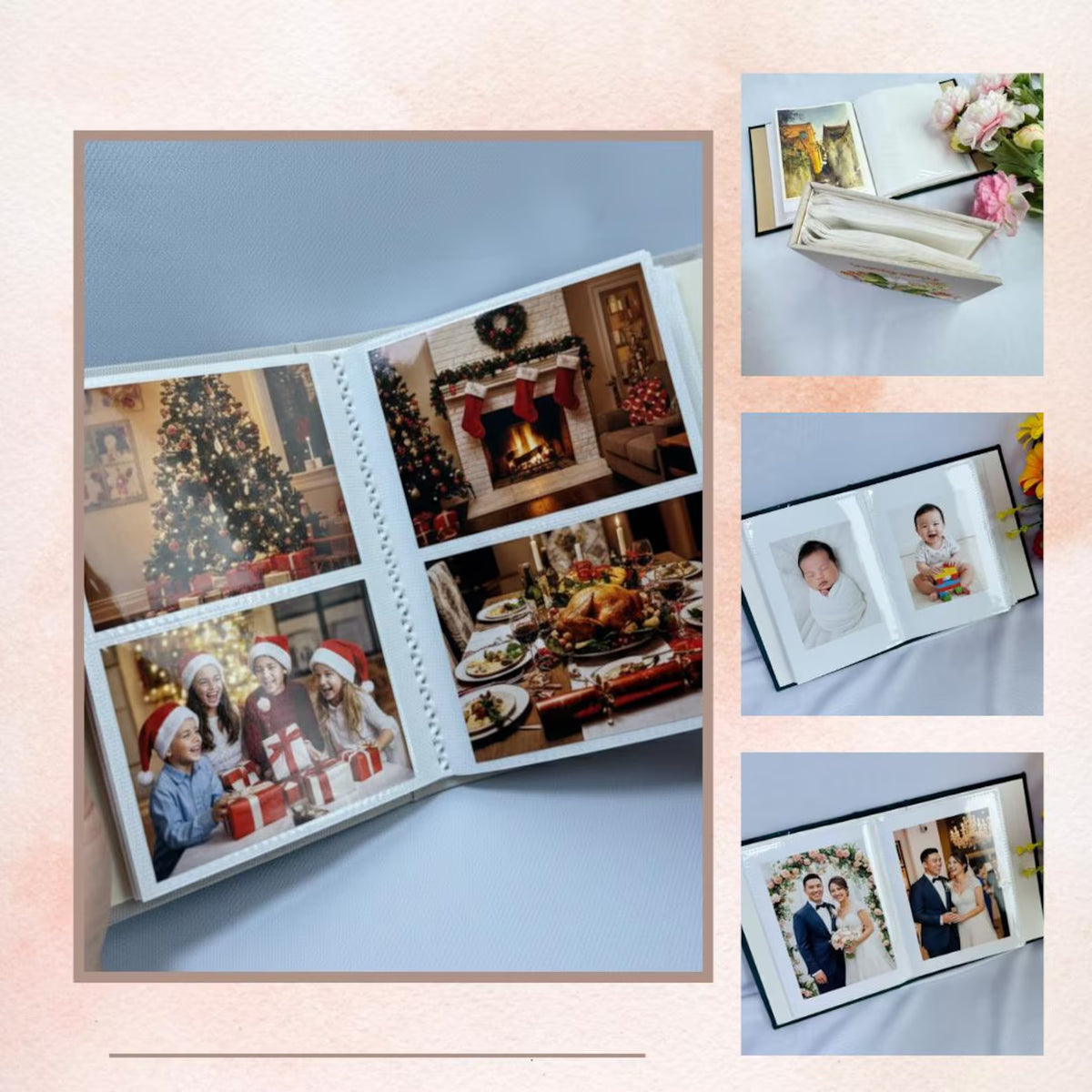 A photo album with multiple pages filled with photographs — hand-embroidered by The Thread Nest