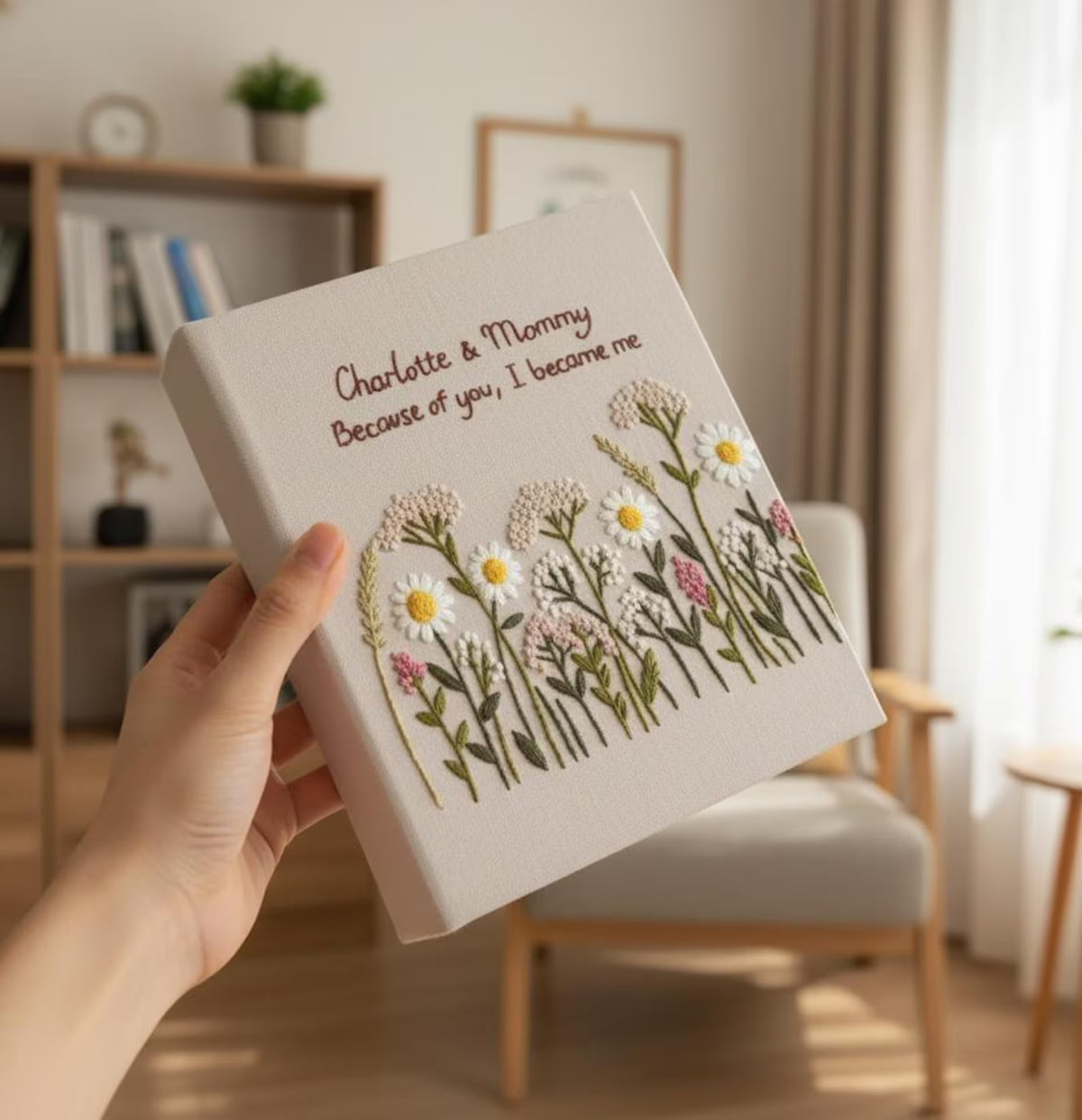 A beige book with embroidered daisies, wildflowers and a stitched line of text — hand-embroidered by The Thread Nest