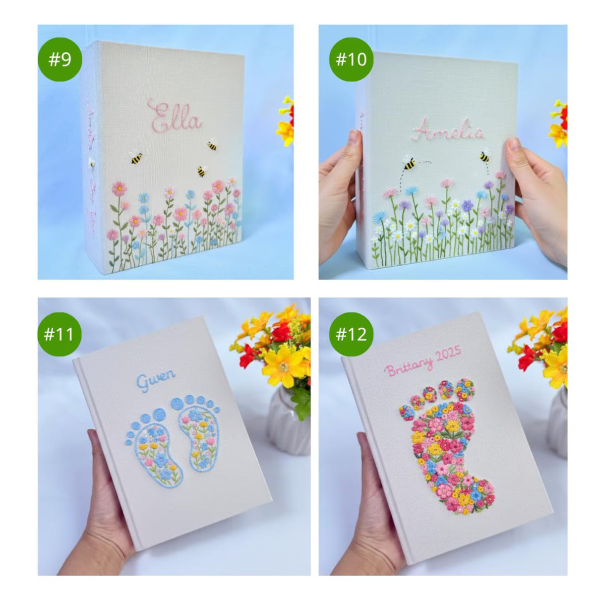 Four fabric-covered books with embroidered names, flowers and bee motifs — hand-embroidered by The Thread Nest