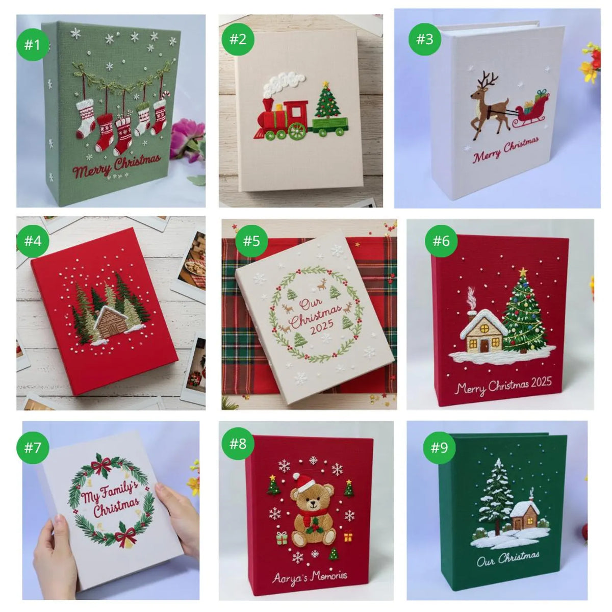 A collection of Christmas photo albums with different embroidered designs — hand-embroidered by The Thread Nest