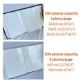 An open photo album showing the clear sleeves and print sizes it takes