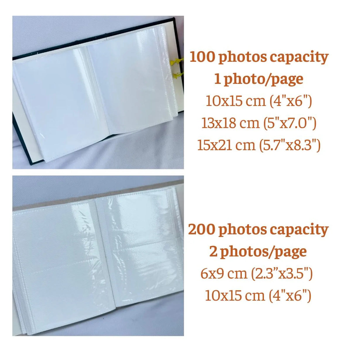 An open photo album showing the clear sleeves and print sizes it takes