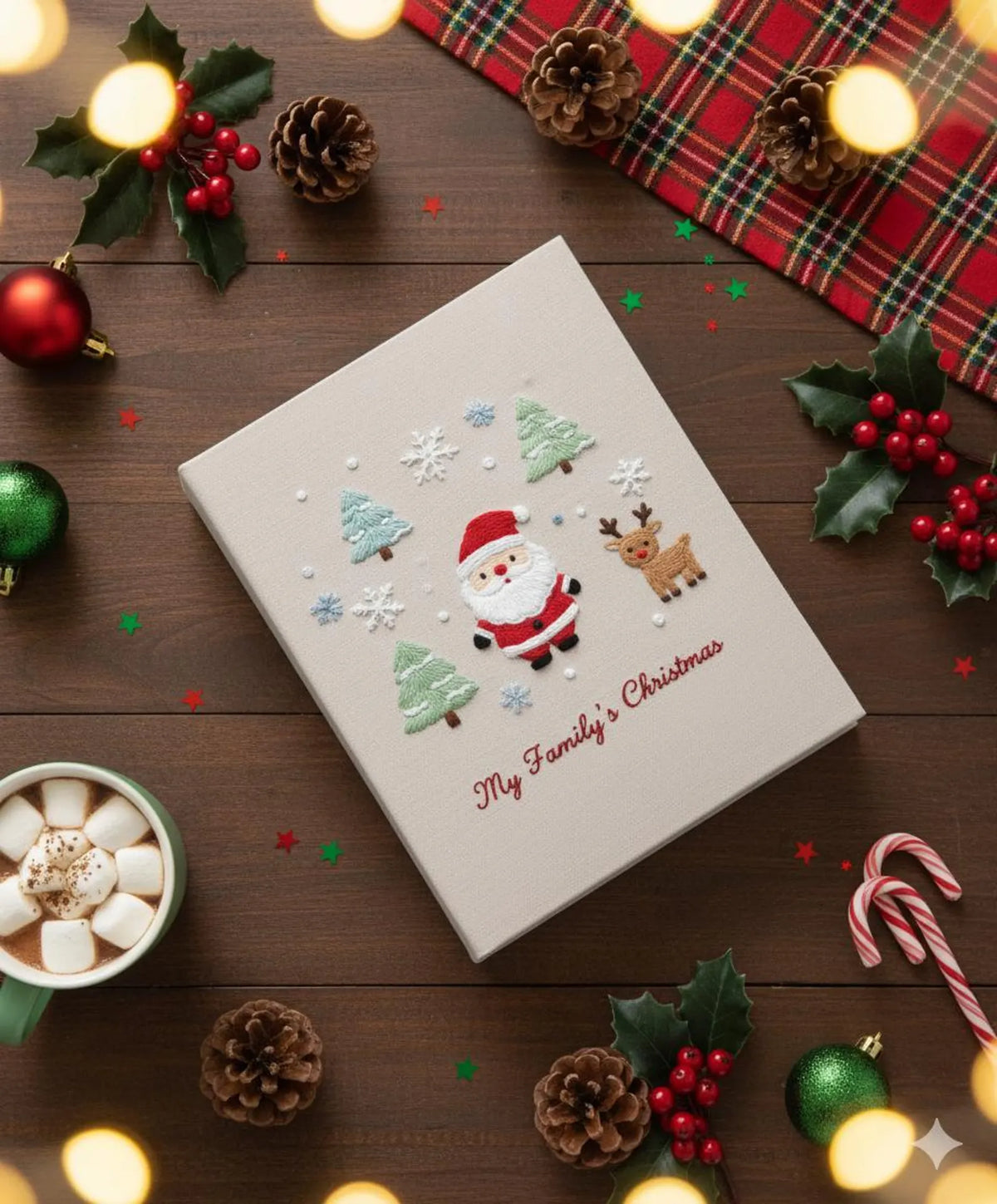 A beige Christmas book cover with an embroidered Santa, reindeer and trees — hand-embroidered by The Thread Nest