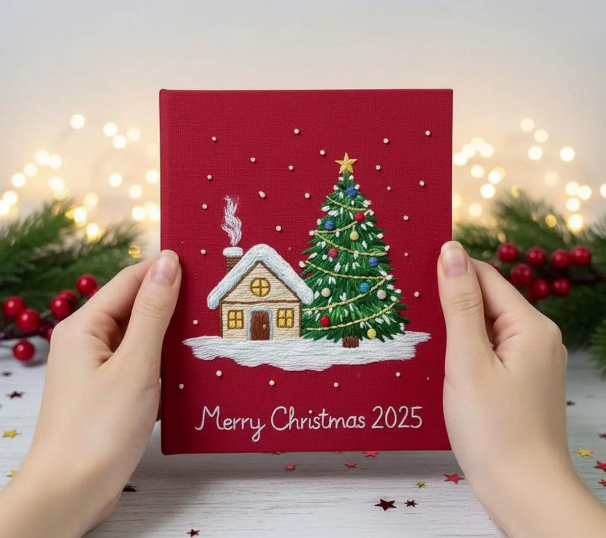 A red Christmas card with an embroidered snow-covered house and tree — hand-embroidered by The Thread Nest