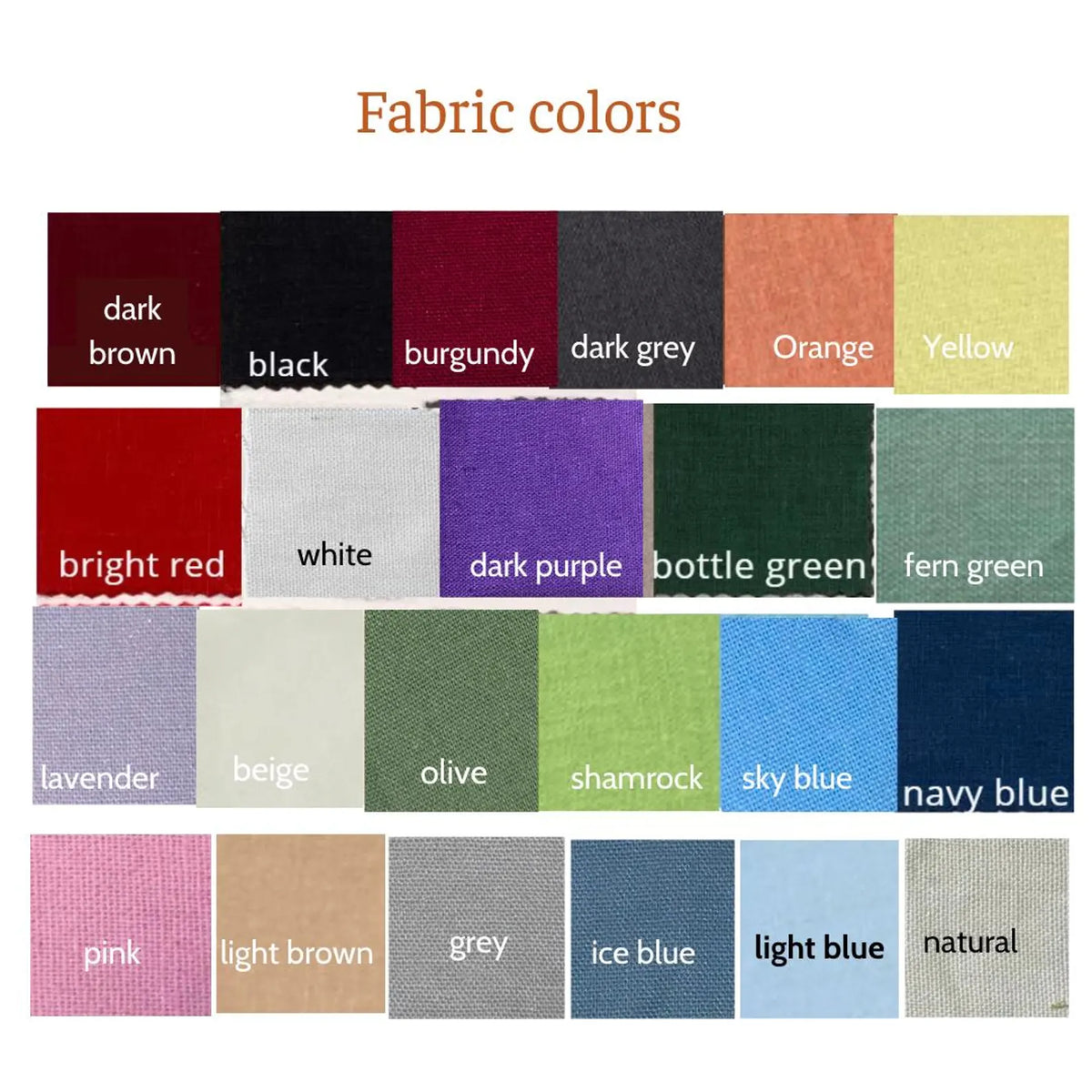 Linen colour chart showing the fabric colours available